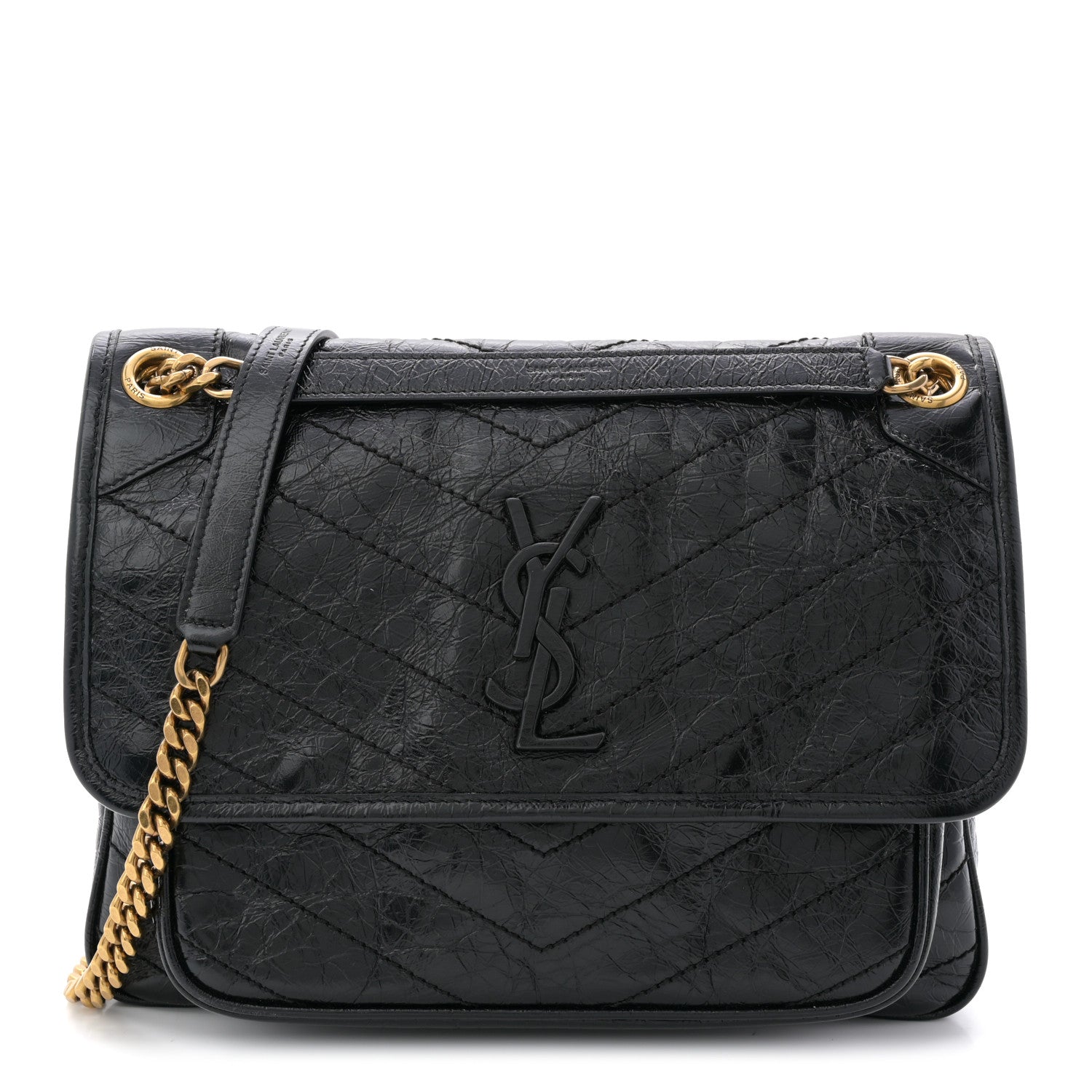 Crinkled Calfskin Matelasse Monogram Medium Niki Chain Satchel Black