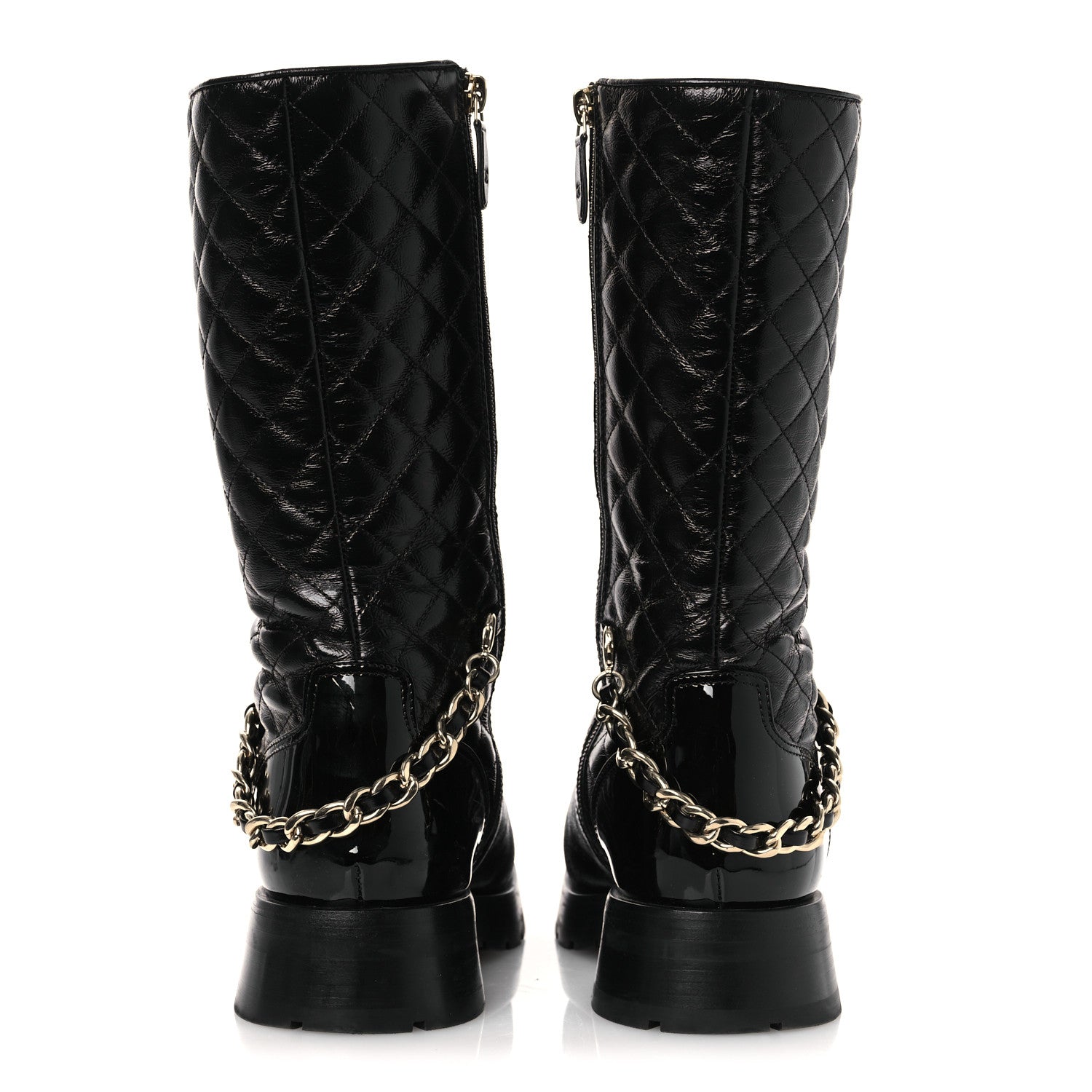 Shiny Calfskin Patent Quilted Chain Lace Up Combat Long Boots 37 Black