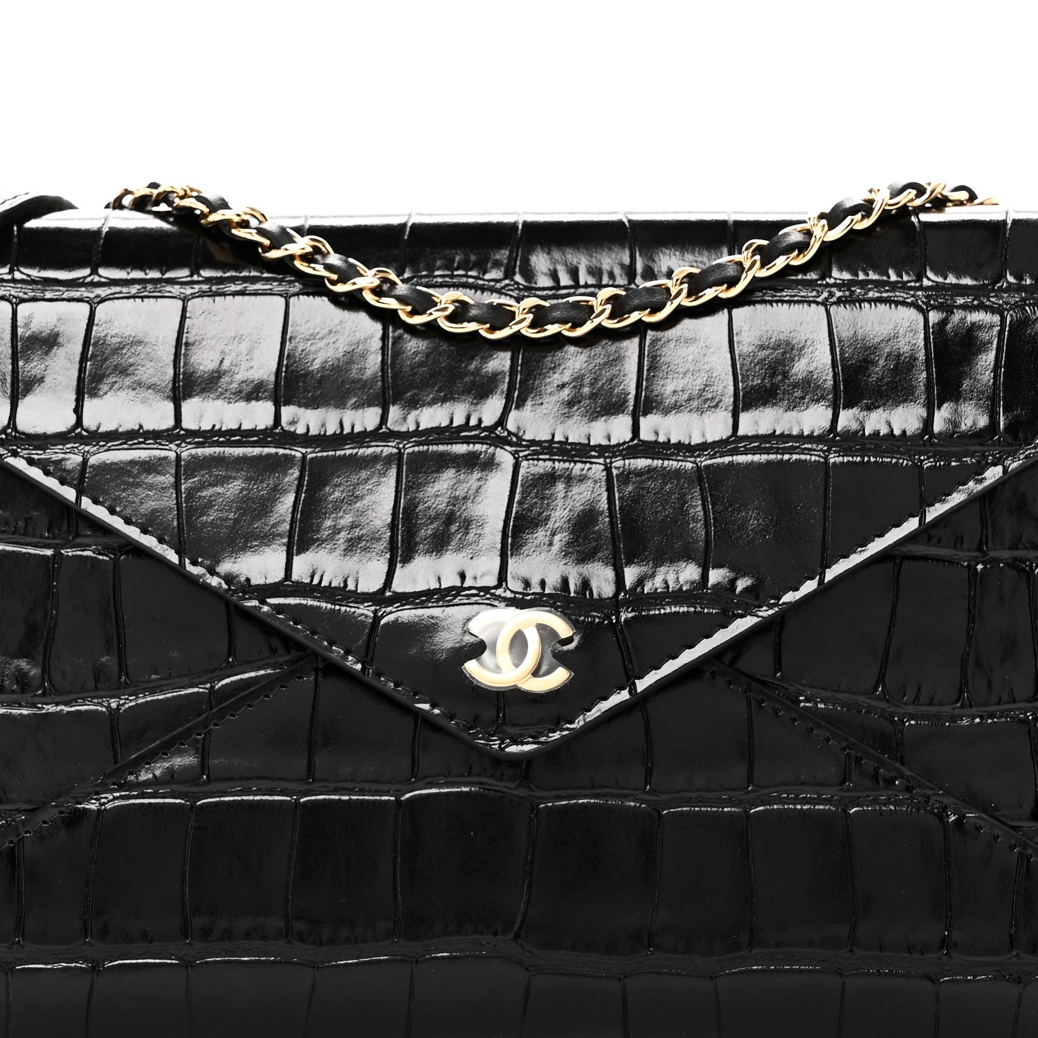 Calfskin Crocodile Embossed Envelope Clutch With Strap Black