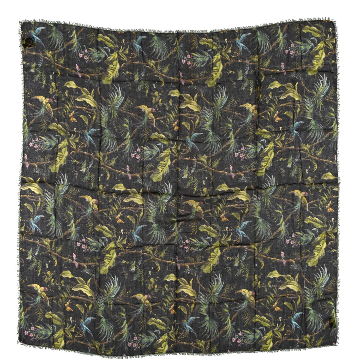 Modal Wool Tropical Print Shawl Scarf Black Multi