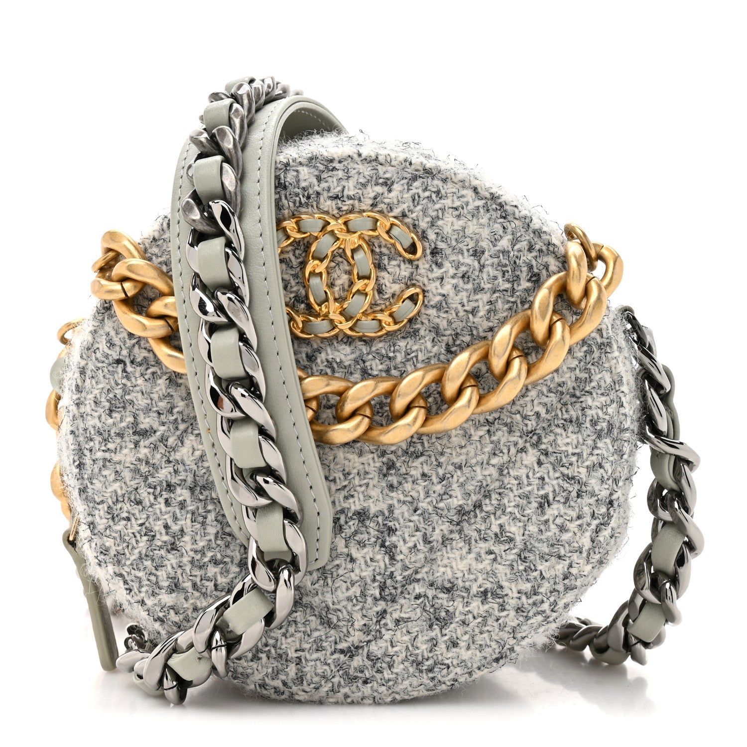 Wool Tweed Lambskin Quilted Chanel 19 Round Clutch With Chain Grey Ecru