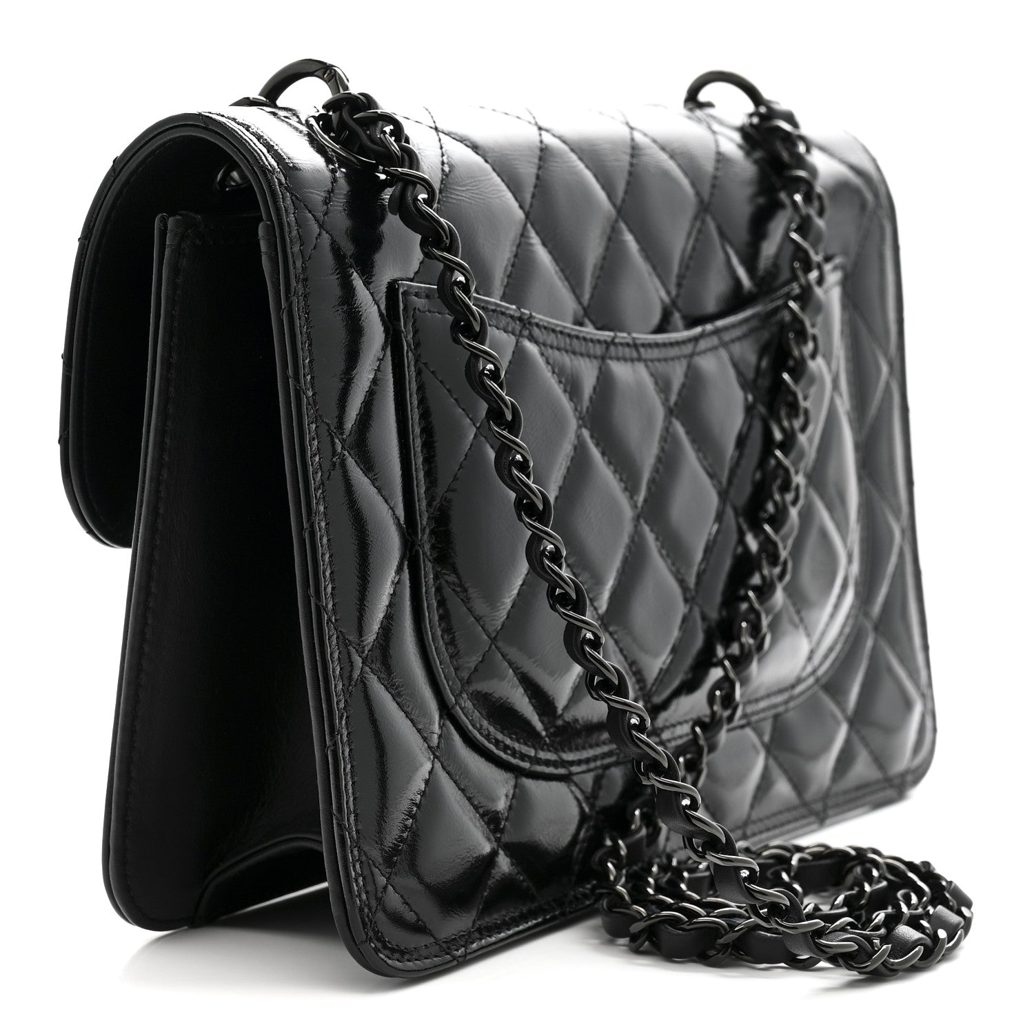 Shiny Crumpled Calfskin Quilted Large Double You Flap So Black