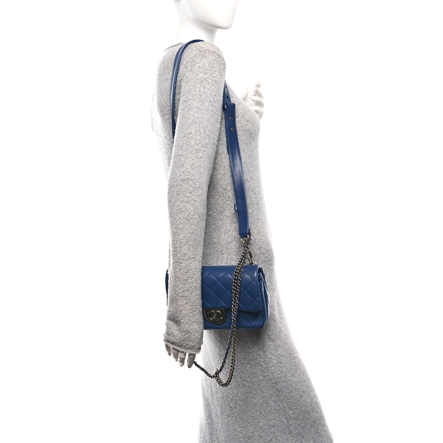 Shiny Goatskin Quilted Small Double Carry Waist Chain Flap Blue