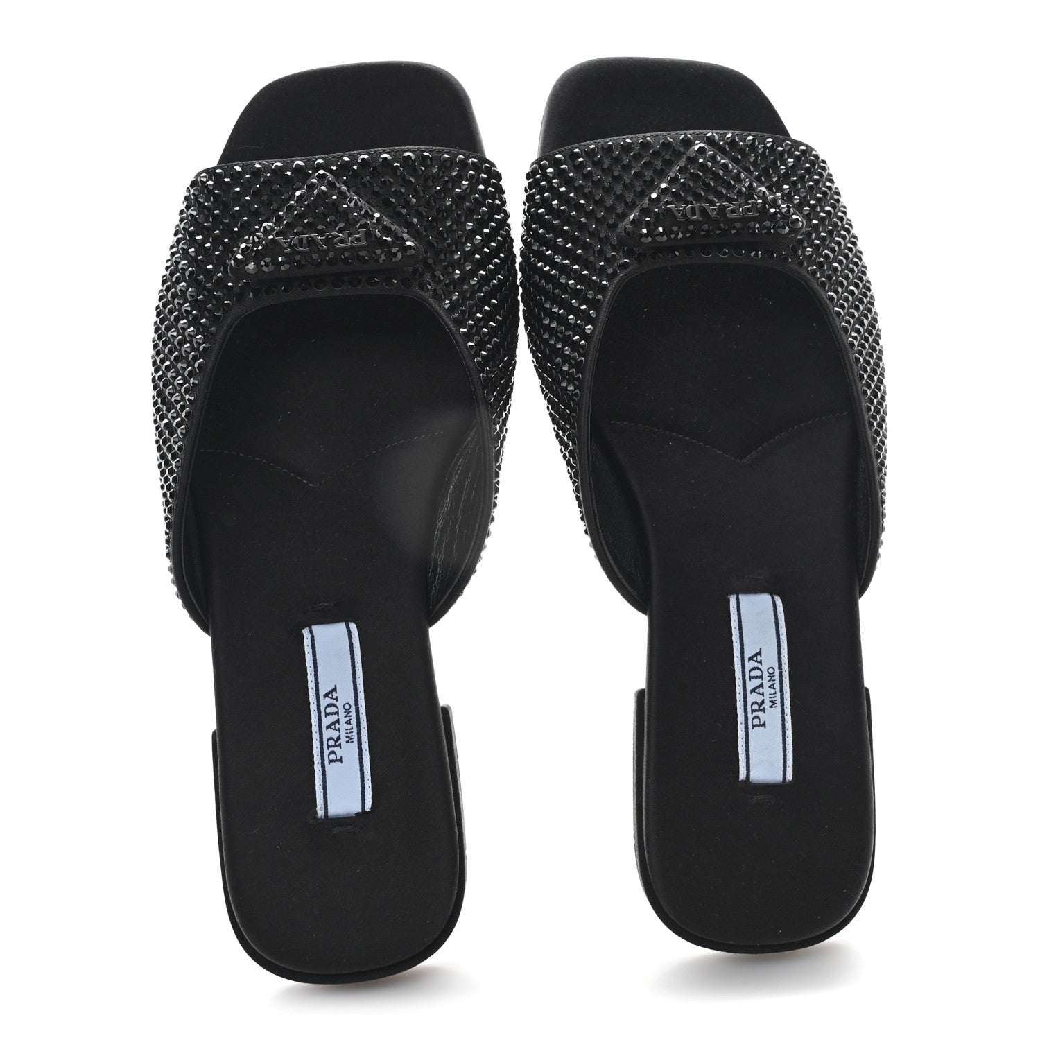 Satin Crystal Logo 10mm Slide Sandals  35 Black