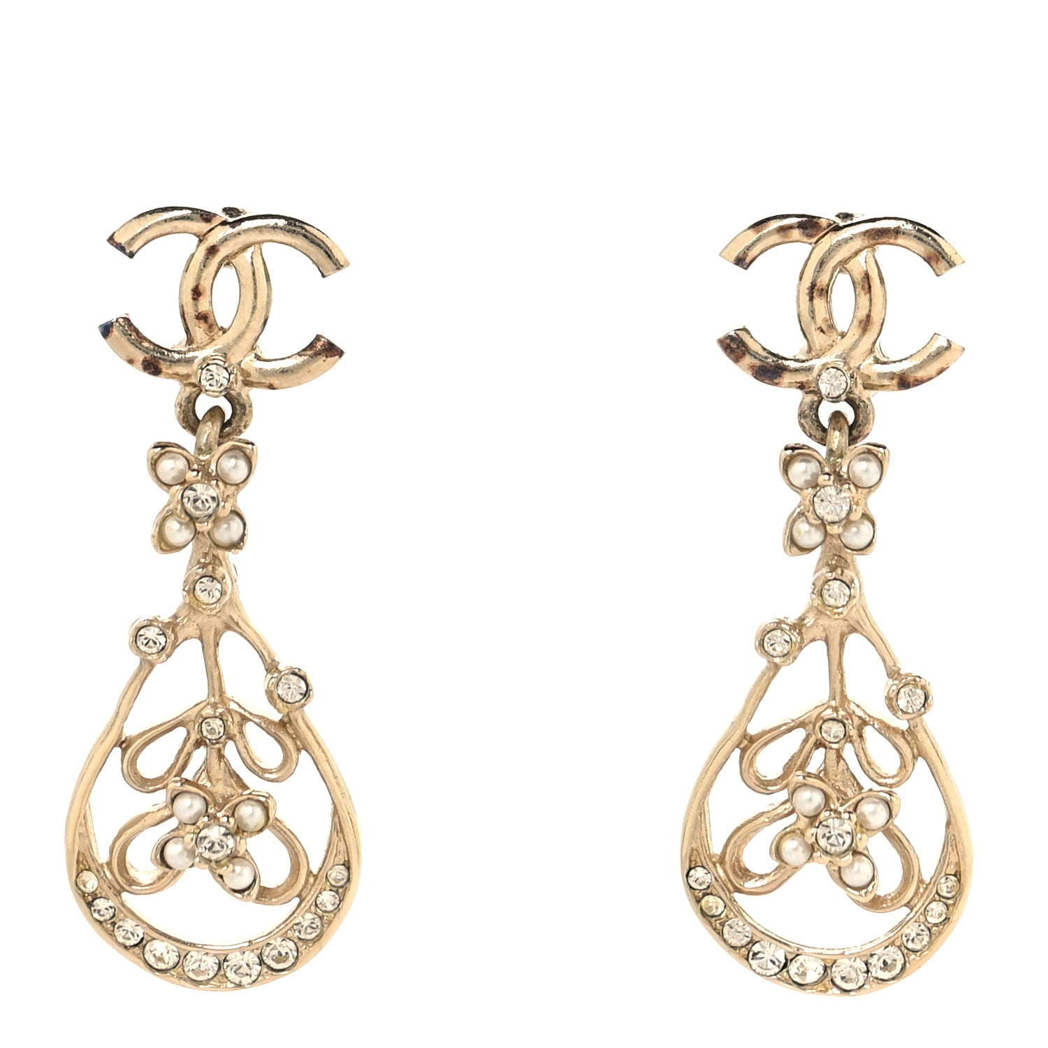 Pearl Crystal CC Drop Earrings Gold