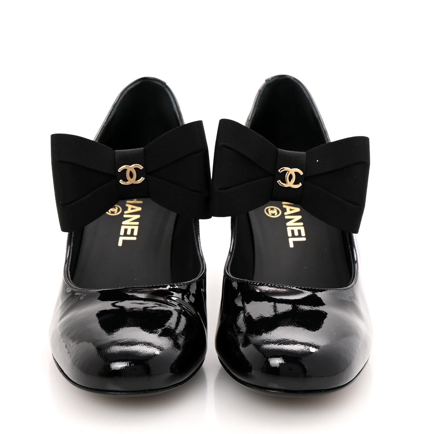 Patent Calfskin Grosgrain CC Mary Jane Pumps 39.5 Black