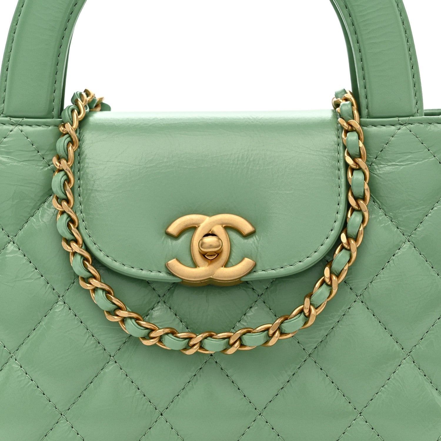 Shiny Aged Calfskin Quilted Nano Kelly Shopper Light Green
