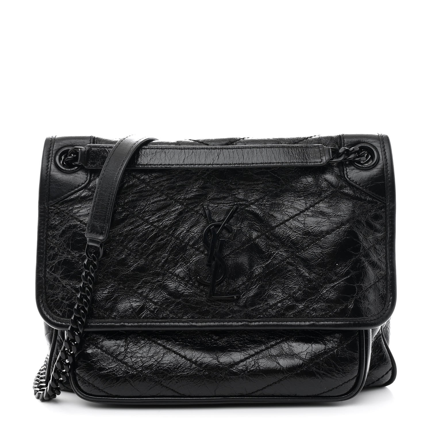 Crinkled Calfskin Matelasse Monogram Medium Niki Chain Satchel Black