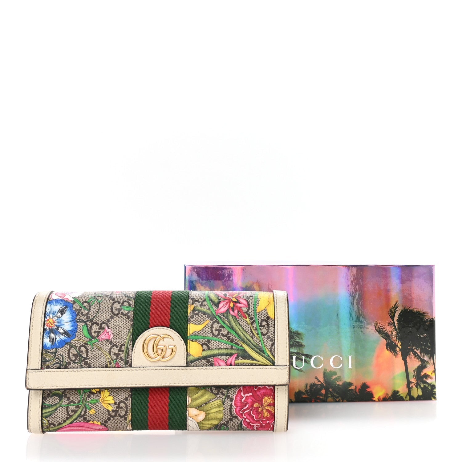 GG Supreme Monogram Flora Web Ophidia Continental Wallet White