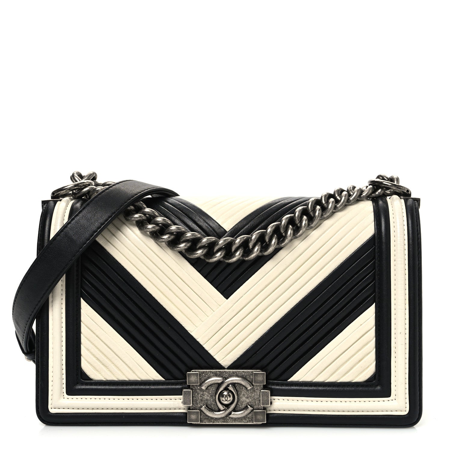 Calfskin Pleated Medium Boy In Rome Flap Black White