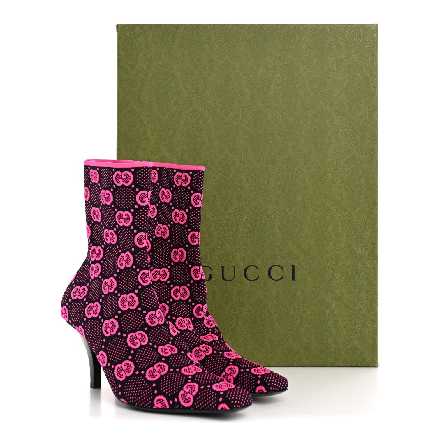 Technical Jersey Knit GG Monogram Square G 75mm Ankle Boots 37 Black Neon Fucsia