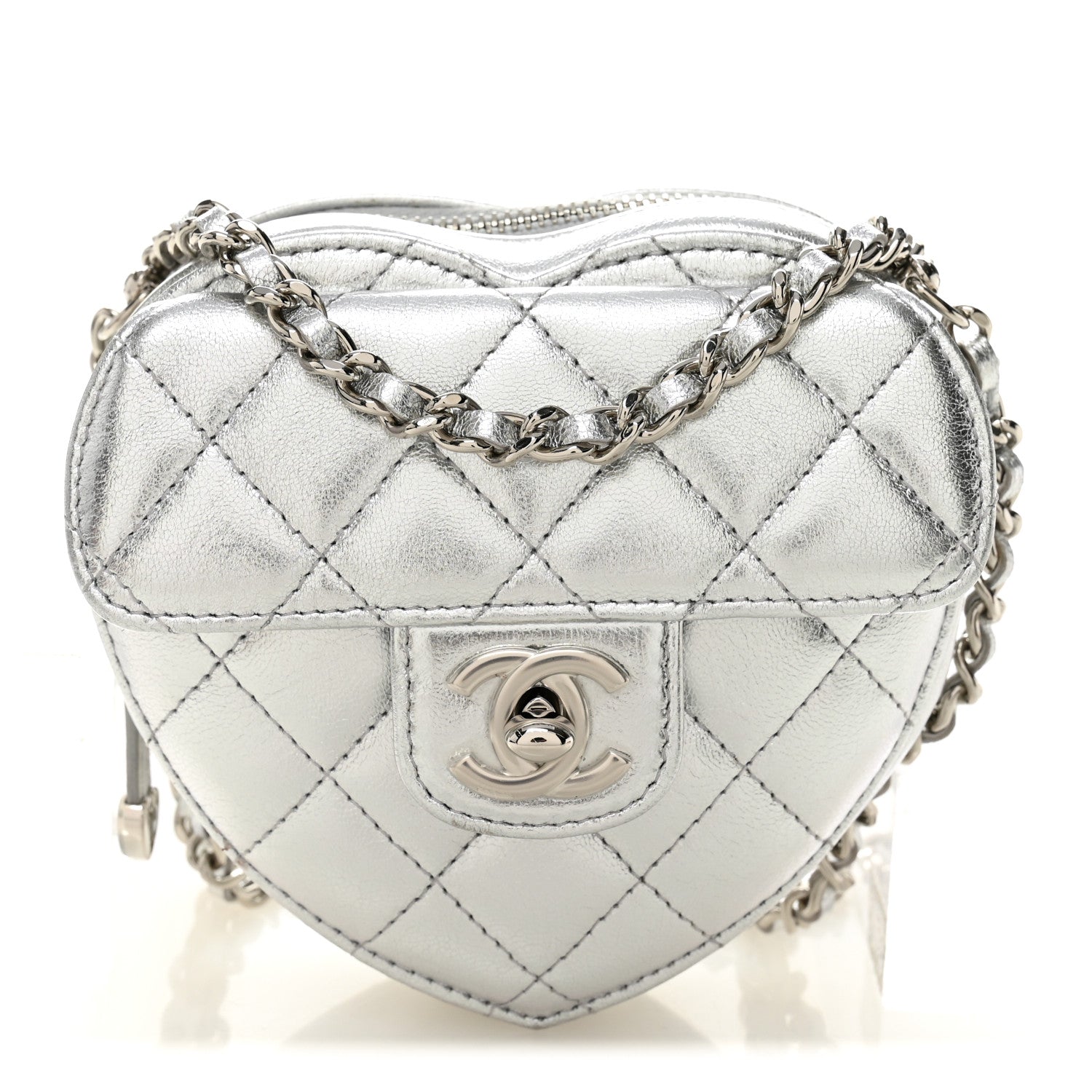 Metallic Lambskin Quilted CC In Love Heart Clutch With Chain Silver