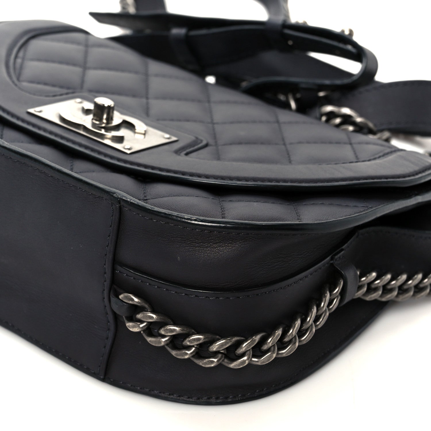Shiny Goatskin Quilted Small Double Chained Messenger Flap Black