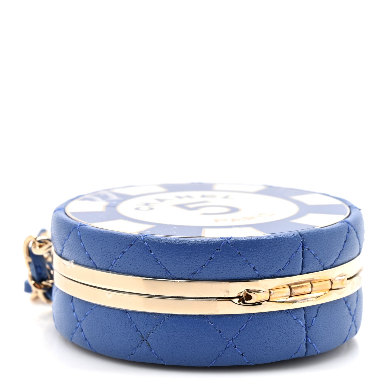 Lambskin Enamel Quilted Round Poker Chip Clutch With Chain Blue White