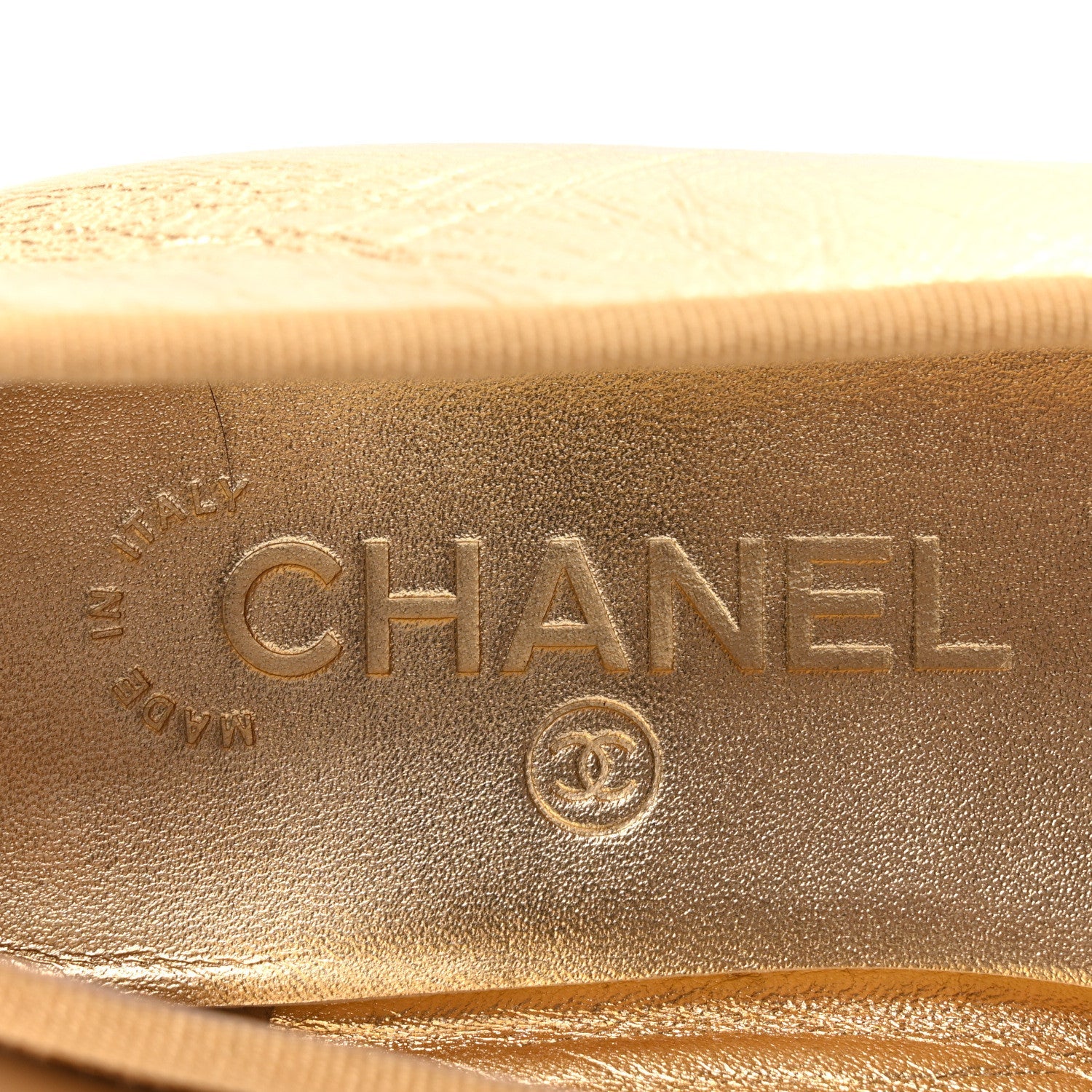 Laminated Crumpled Lambskin Grosgrain Cap Toe CC Ballerina Flats 39 Gold Black