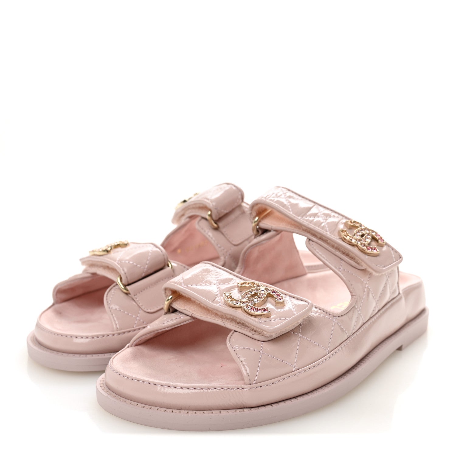 Shiny Calfskin Quilted Velcro Dad Crystal CC Slide Sandals 37 Light Pink