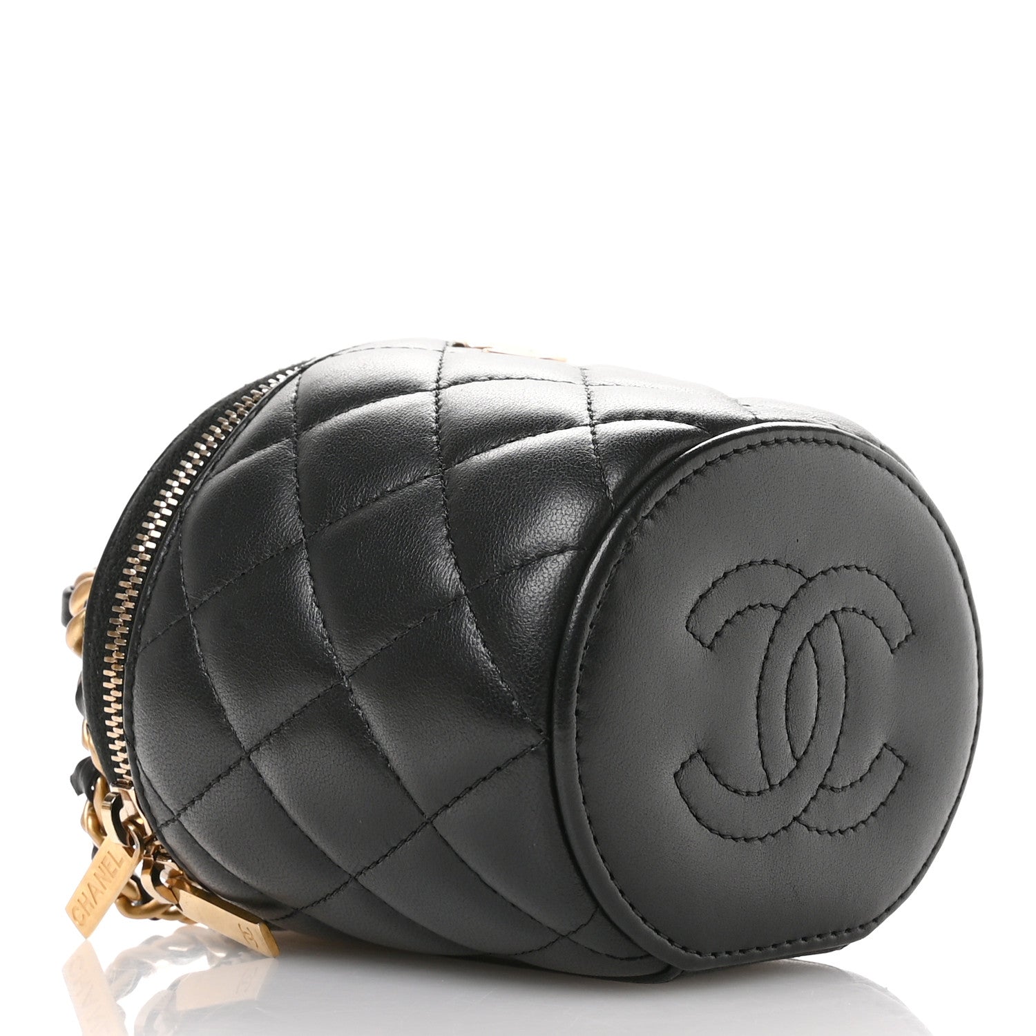 Lambskin Quilted Afternoon Tea Top Handle Vanity Case With Chain Black