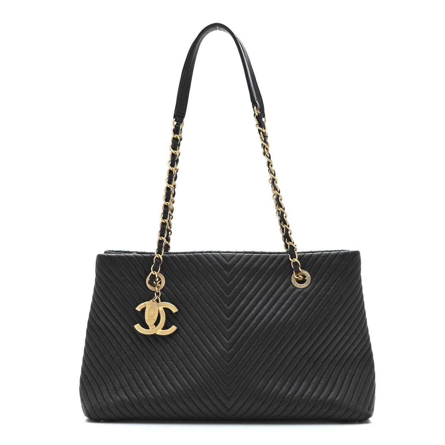 Wrinkled Lambskin Chevron Quilted Surpique Tote Black