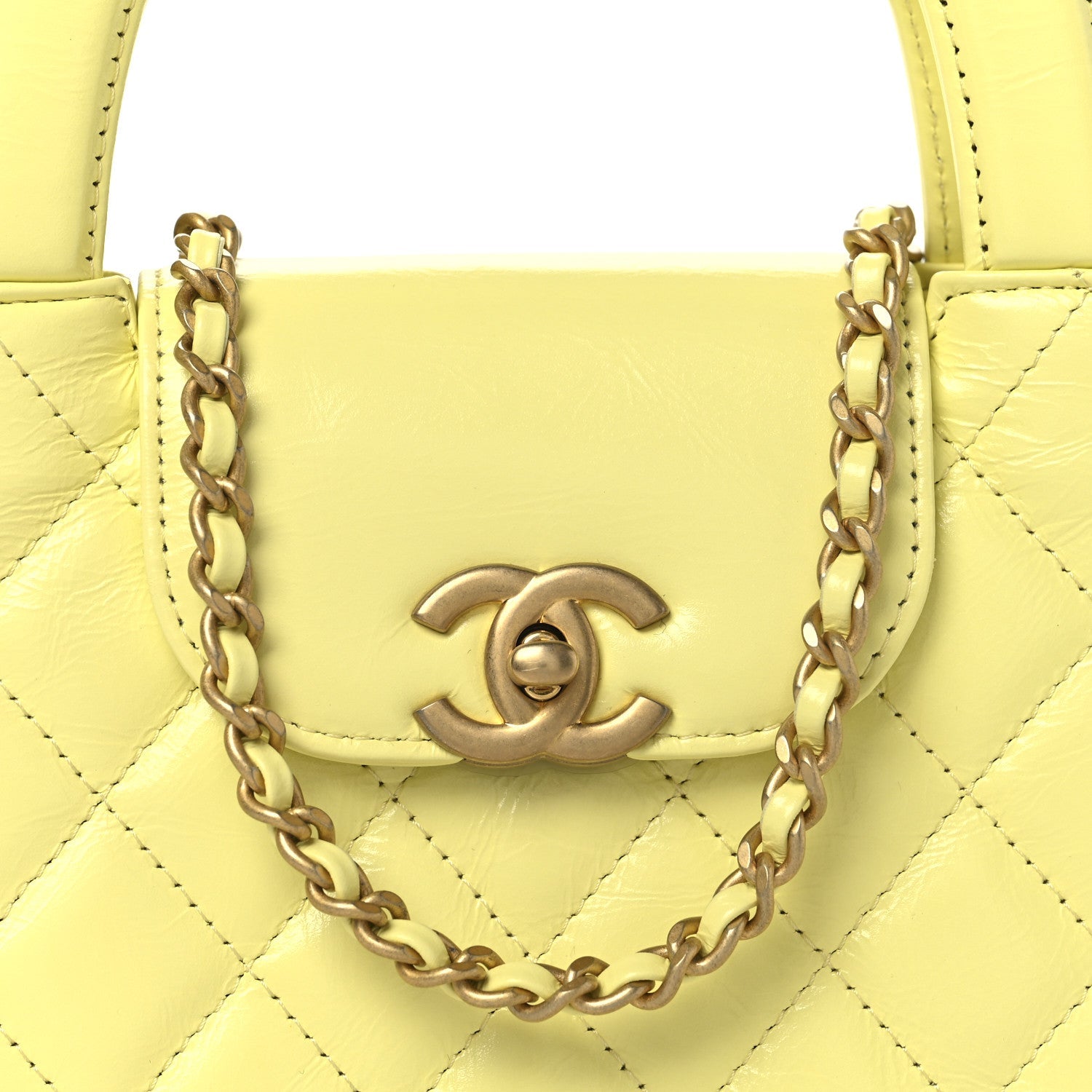 Shiny Aged Calfskin Quilted Nano Kelly Shopper Light Yellow