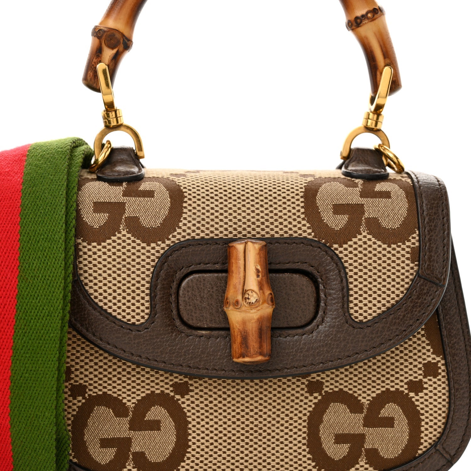 Monogram Jumbo GG Textured Dollar Calfskin Web Mini Bamboo 1947 Top Handle Bag Camel Ebony New Acero