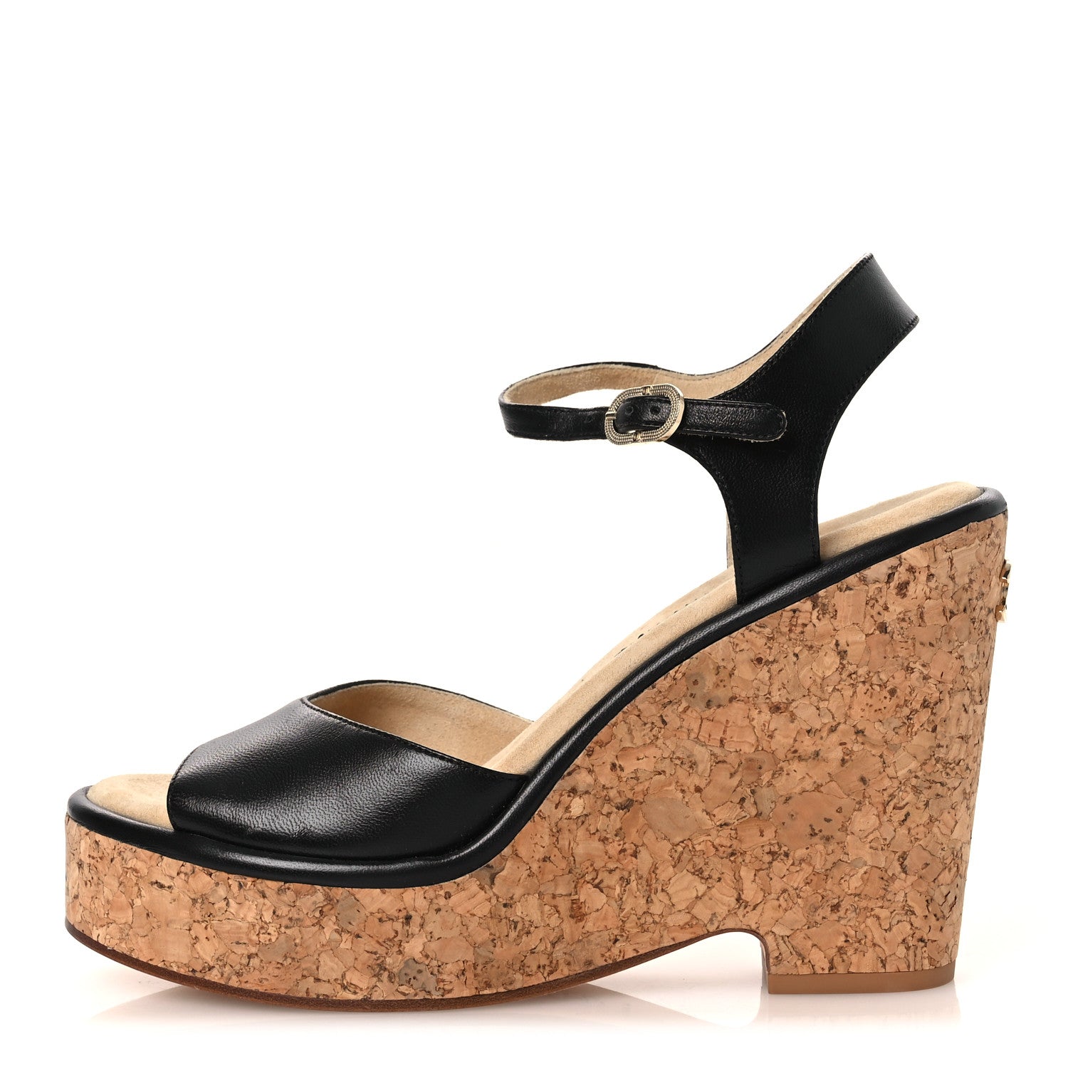 Shiny Lambskin Cork Wedge Sandals 40 Black