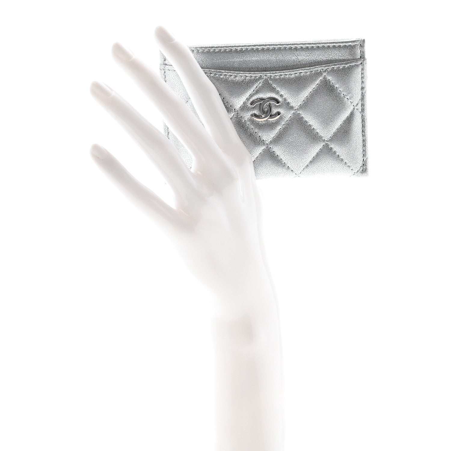 Metallic Lambskin Quilted CC Card Holder Silver
