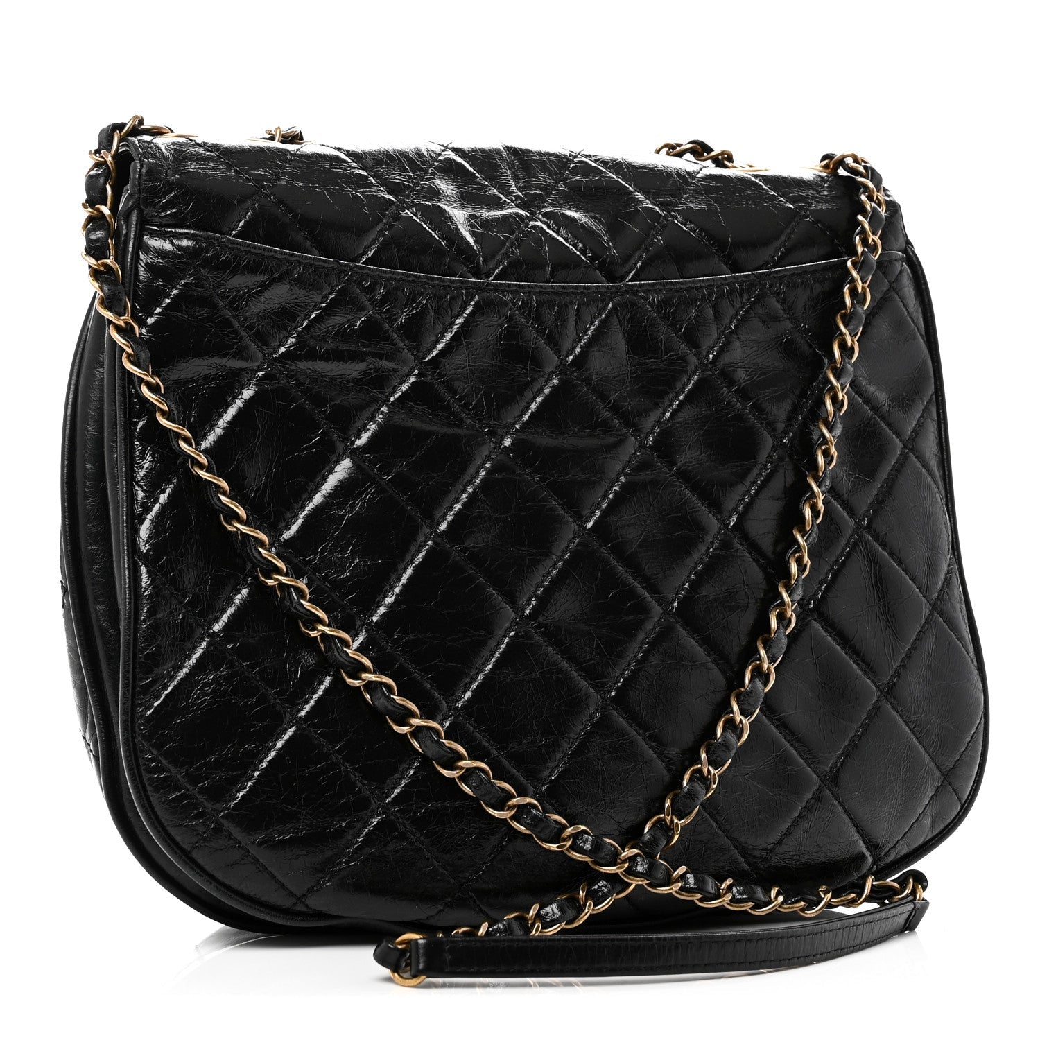 Glazed Calfskin Quilted Medium Bubble CC Flap Black
