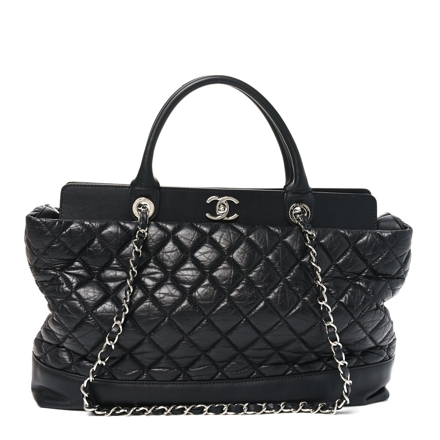 Aged Calfskin Quilted Be CC Tote Black