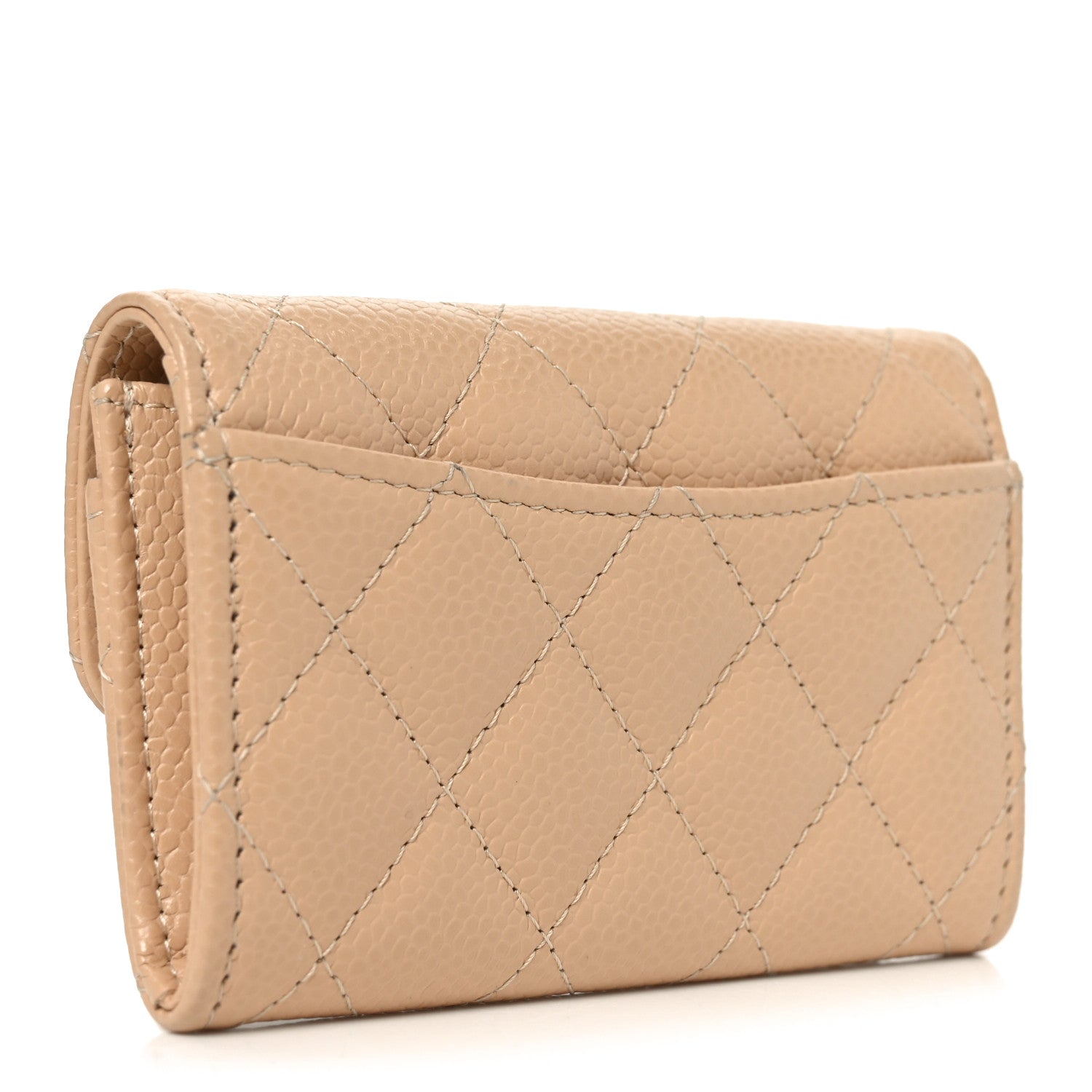 Caviar Quilted Flap Card Holder Wallet Beige