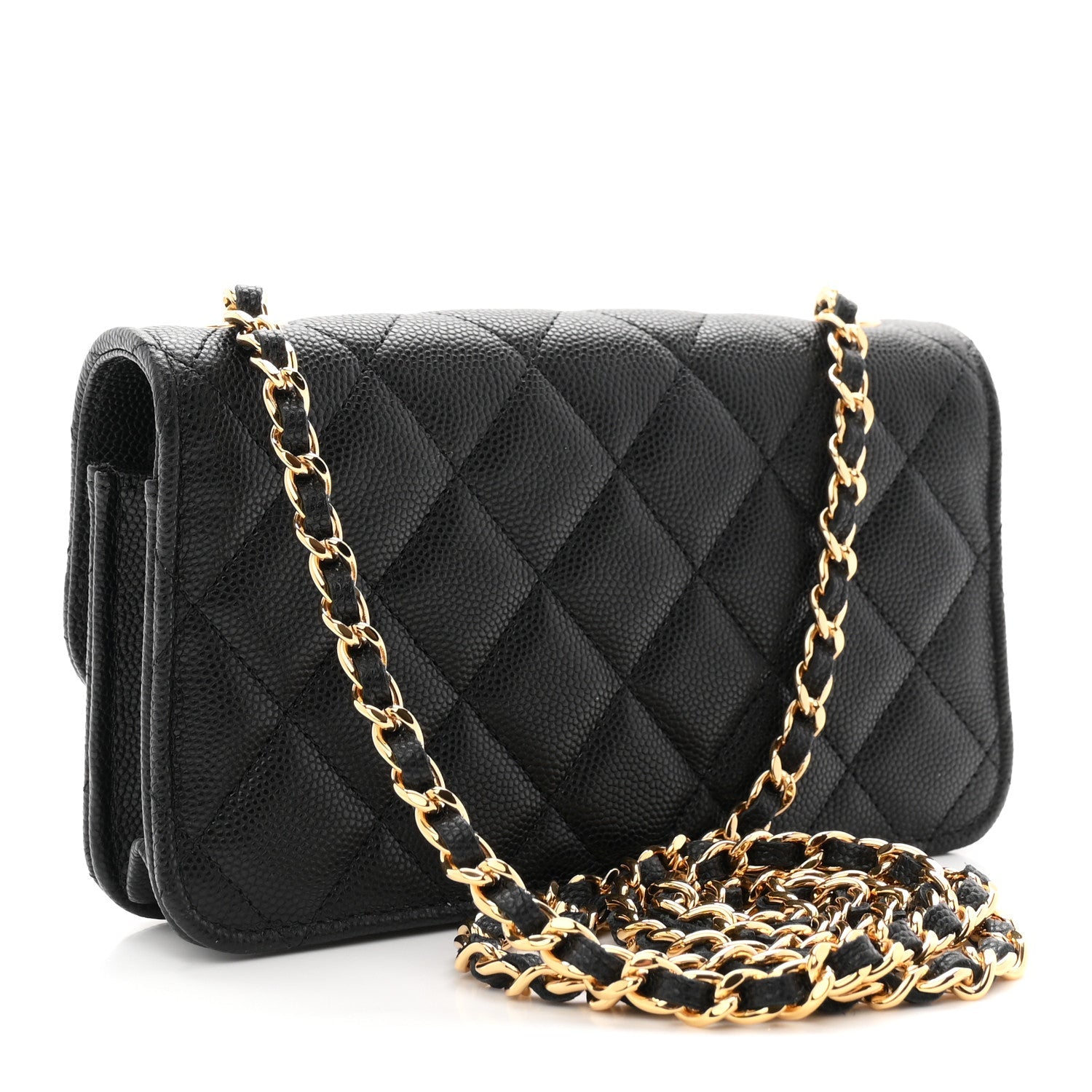 Caviar Quilted Enamel Coco Casino Flap Phone Holder With Chain Black
