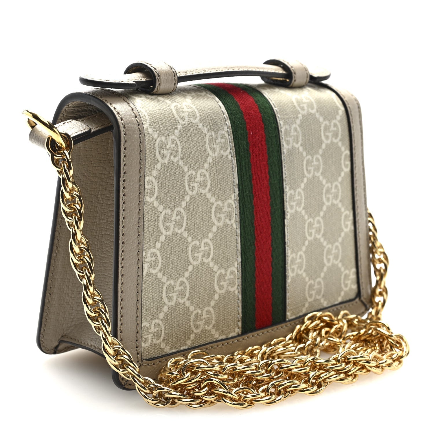 GG Supreme Monogram Textured Dollar Calfskin Web Mini Ophidia Padlock Top Handle Chain Shoulder Bag Beige Mystic White Oatmeal