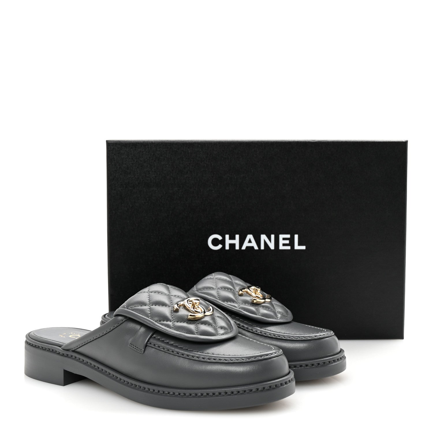 Lambskin Quilted CC Turnlock Mules 37 Dark Gray