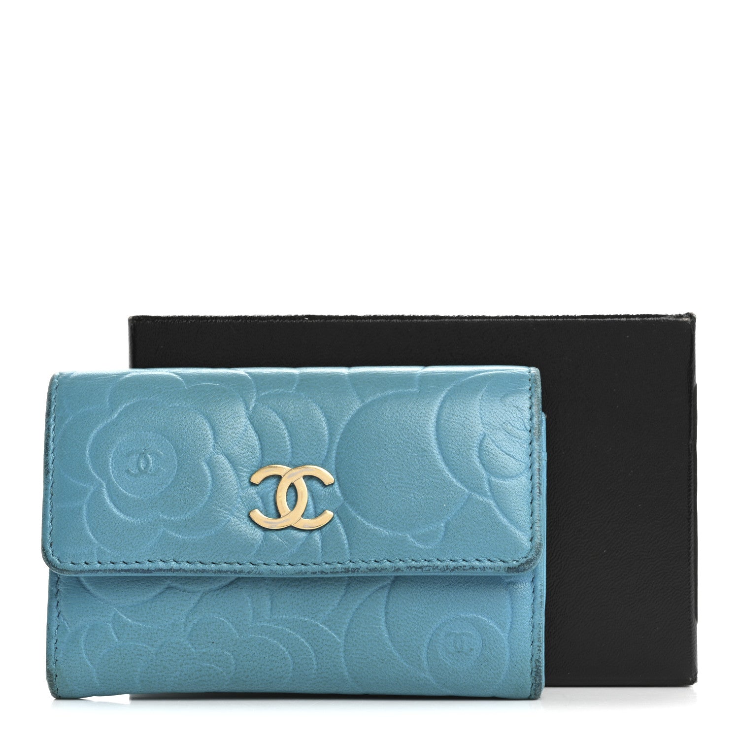Lambskin Camellia Embossed Flap Card Holder Blue