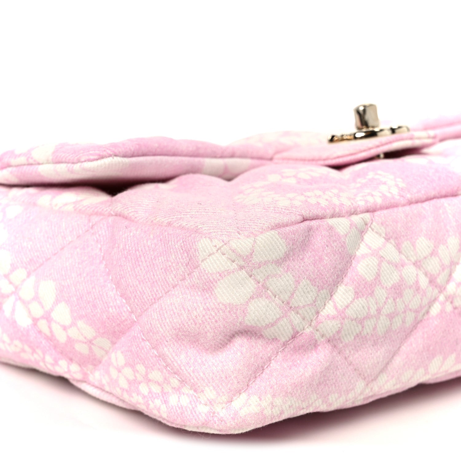 Printed Denim Quilted Flap Bag Pink White