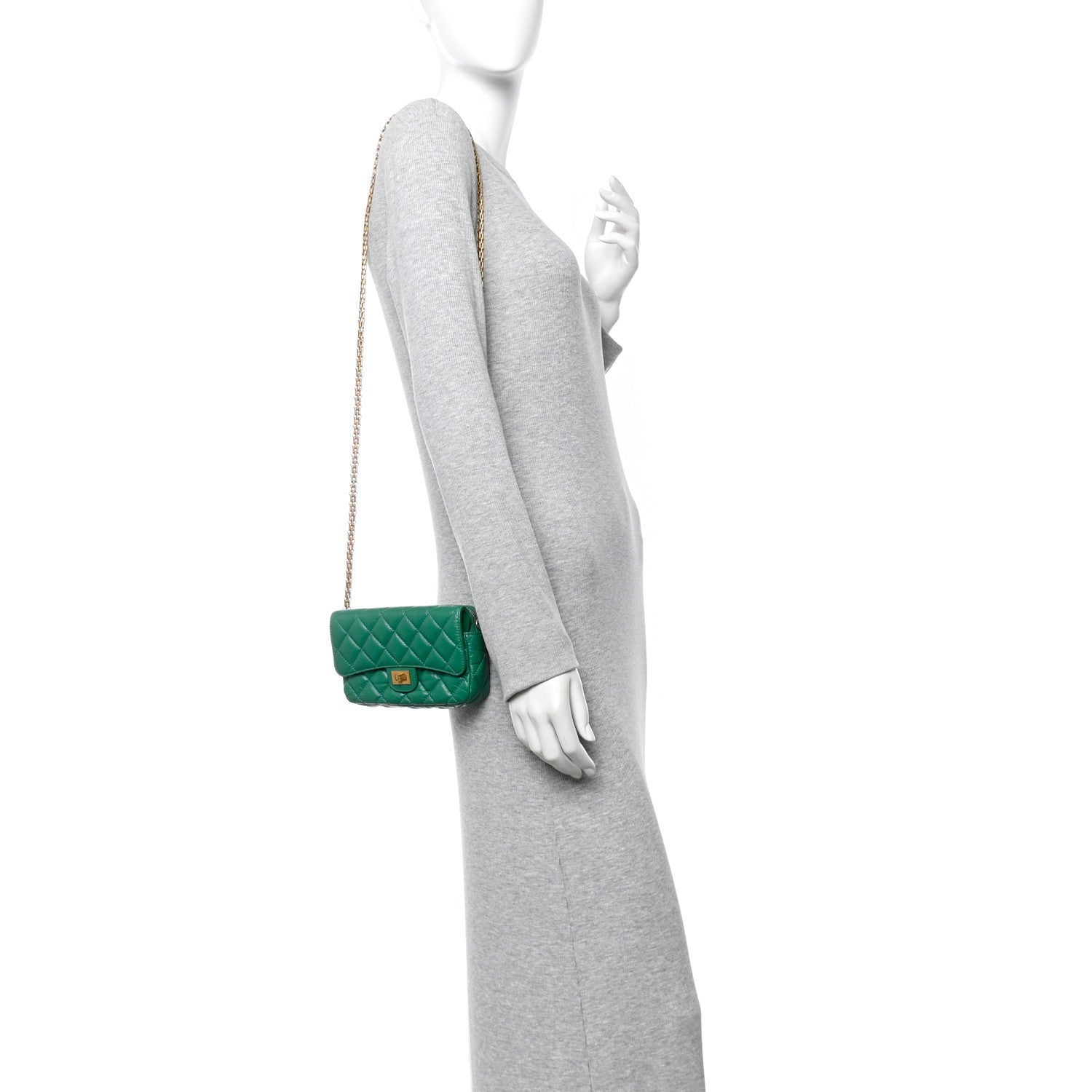 Aged Calfskin Quilted Reissue 2.55 Phone Holder With Chain Green