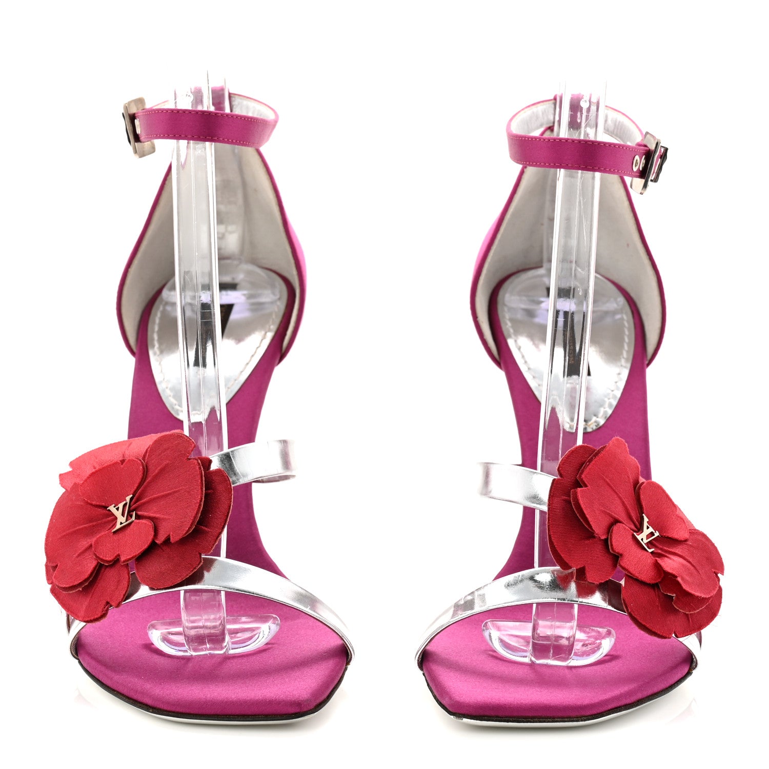 Satin Flower Amber Ankle Sandals 37.5 Fuchsia Red Silver