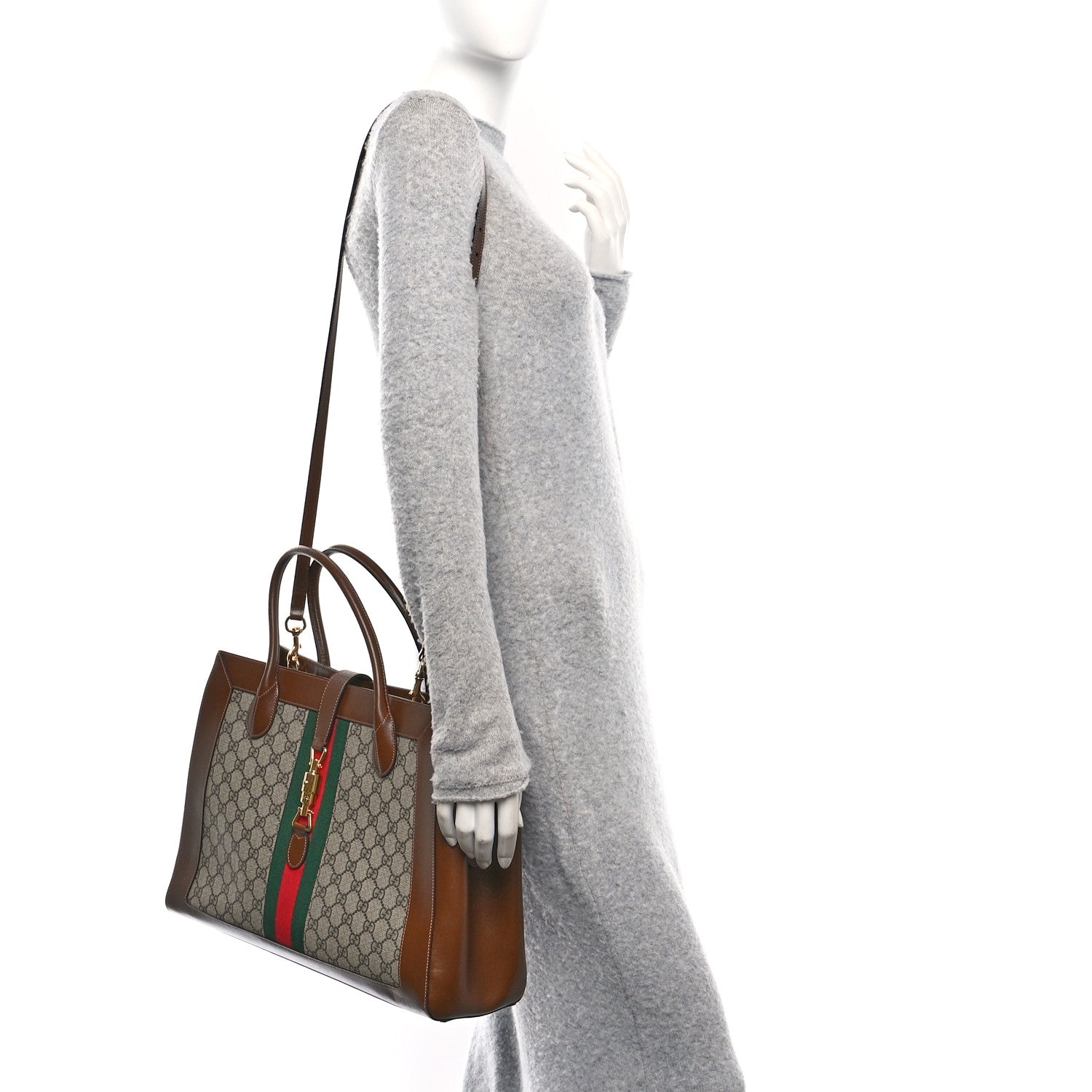 GG Supreme Monogram Azalea Calfskin Web Large Jackie 1961 Tote Beige Ebony Brown Sugar