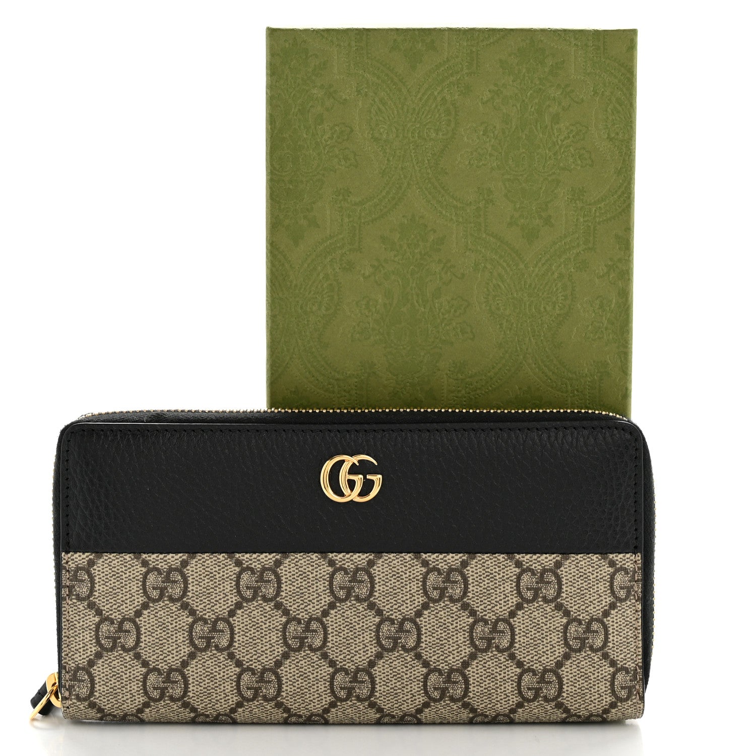 Dollar Calfskin GG Supreme Monogram GG Marmont Zip Around Wallet Black Beige Ebony