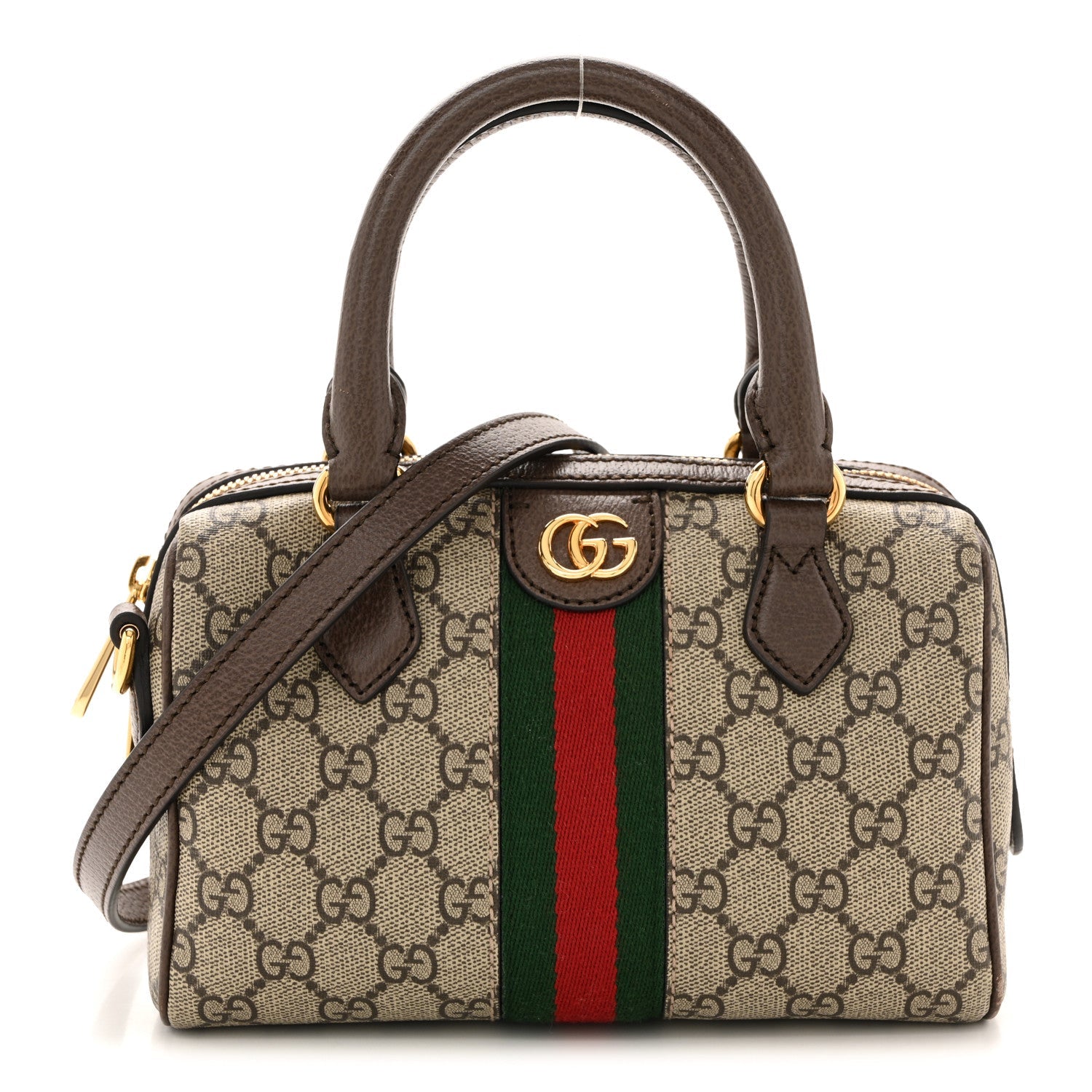 GG Supreme Monogram Textured Dollar Calfskin Web Mini Ophidia Top Handle Bag Beige Ebony New Acero