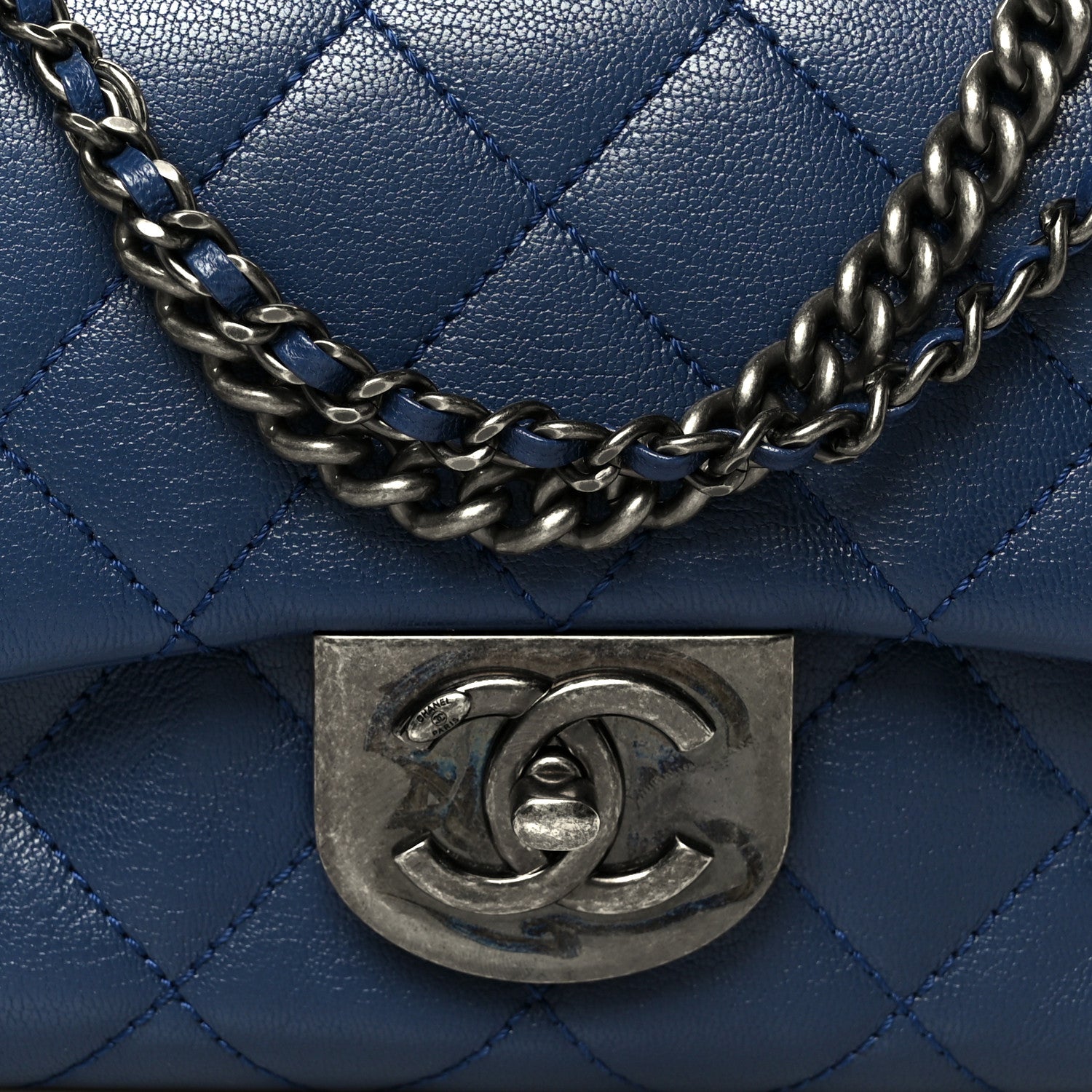 Shiny Goatskin Quilted Small Double Carry Waist Chain Flap Blue