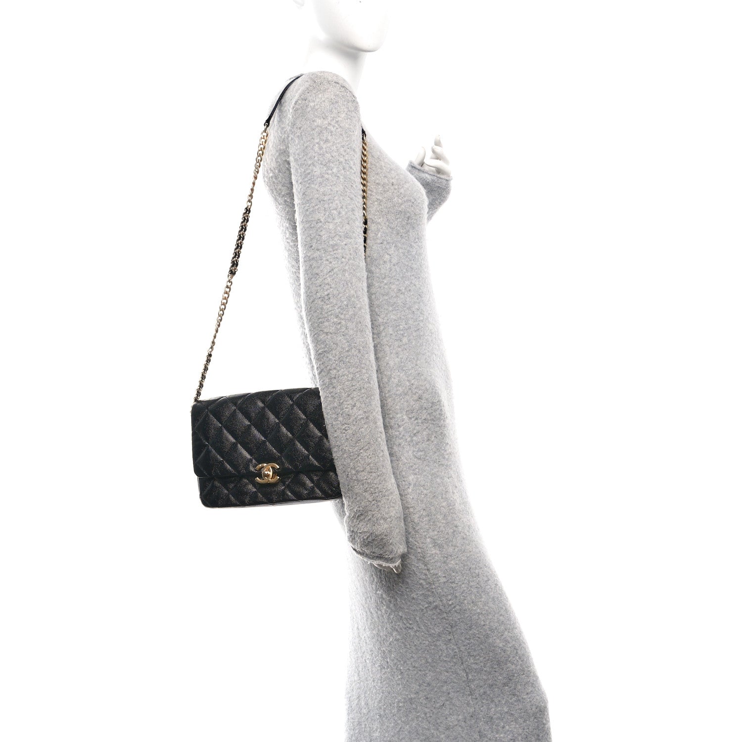 Shiny Caviar Quilted Large Chain Melody Flap Black