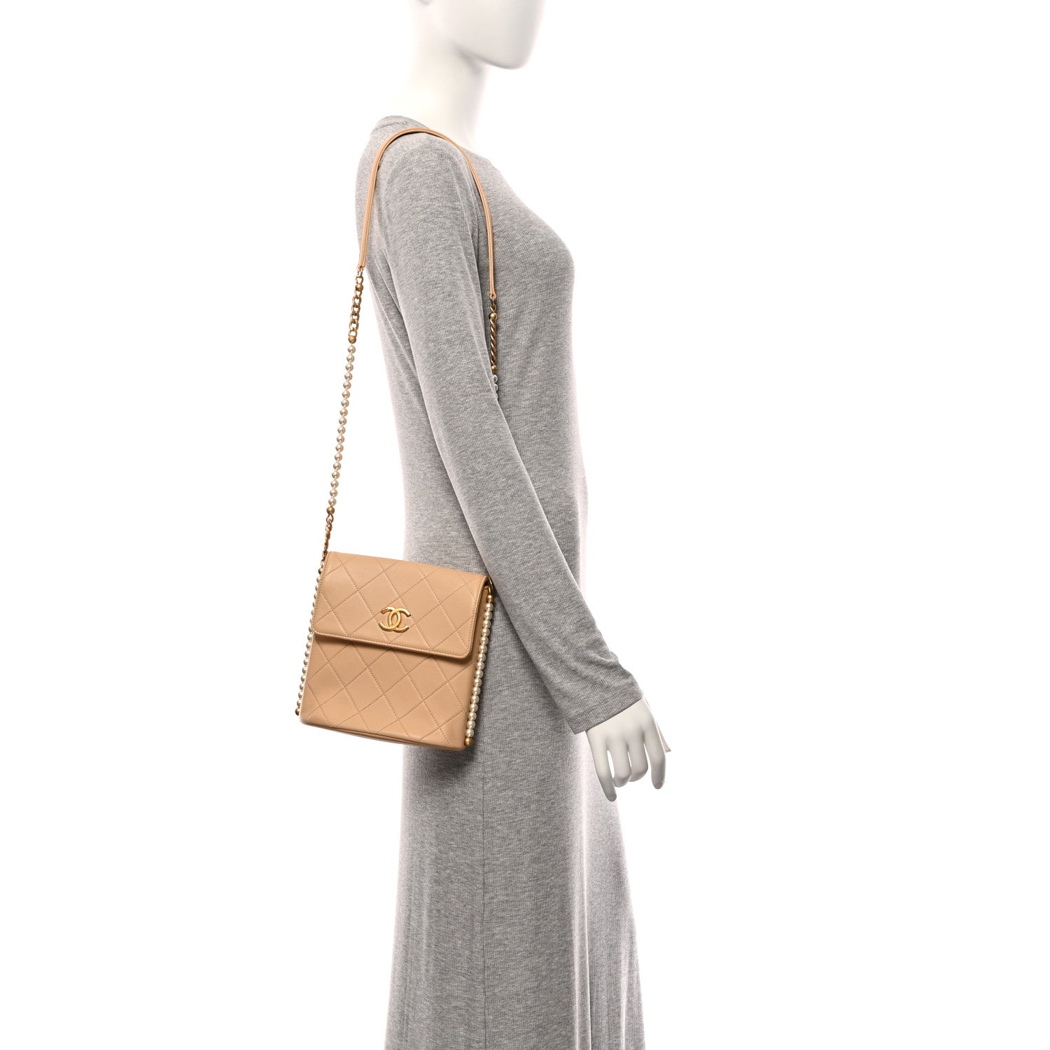 Calfskin Quilted Pearl Small Hobo Bag Beige