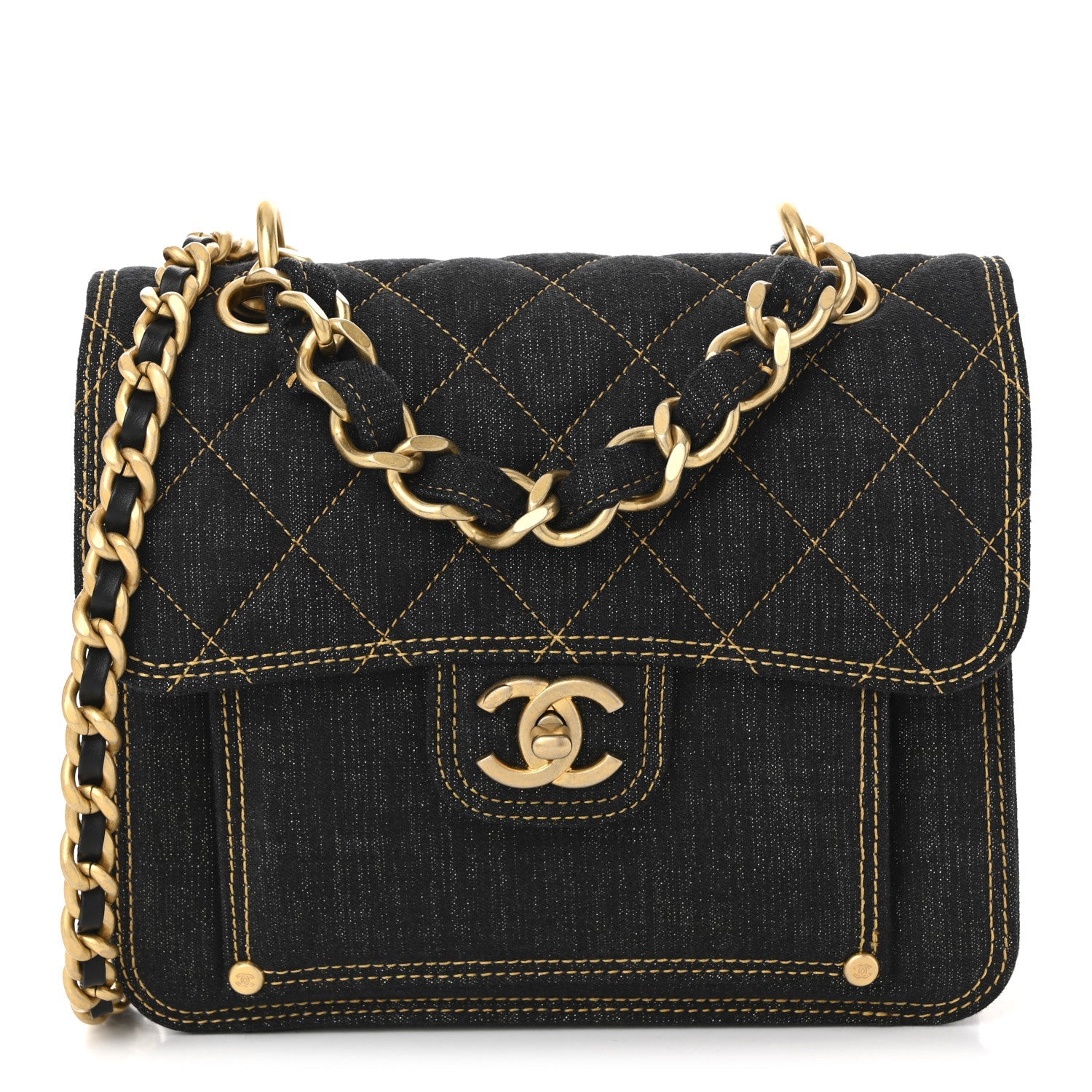 Denim Quilted Double You Mini Flap Black Golden