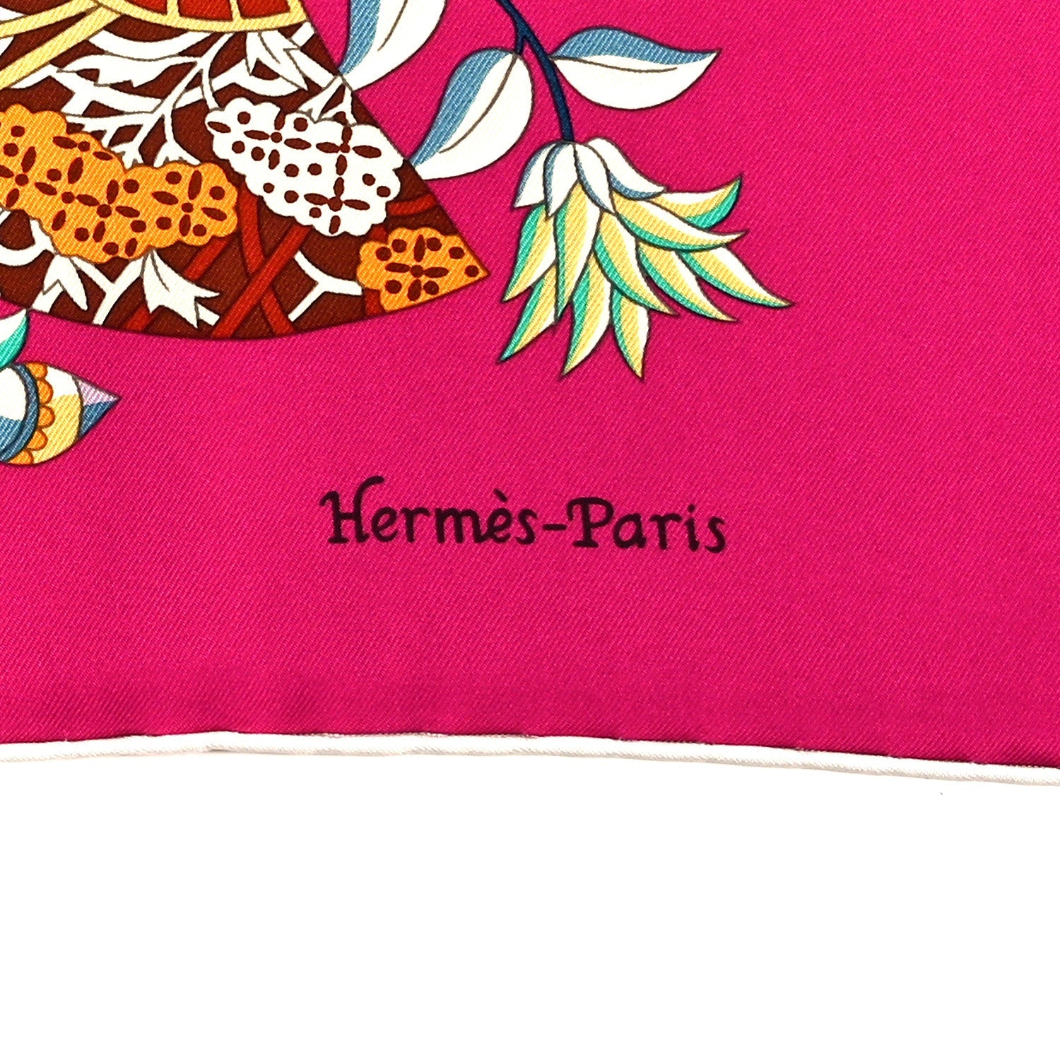 Silk Fleurs et Papillons de Tissus Scarf 90 Fuchsia Turquoise Creme