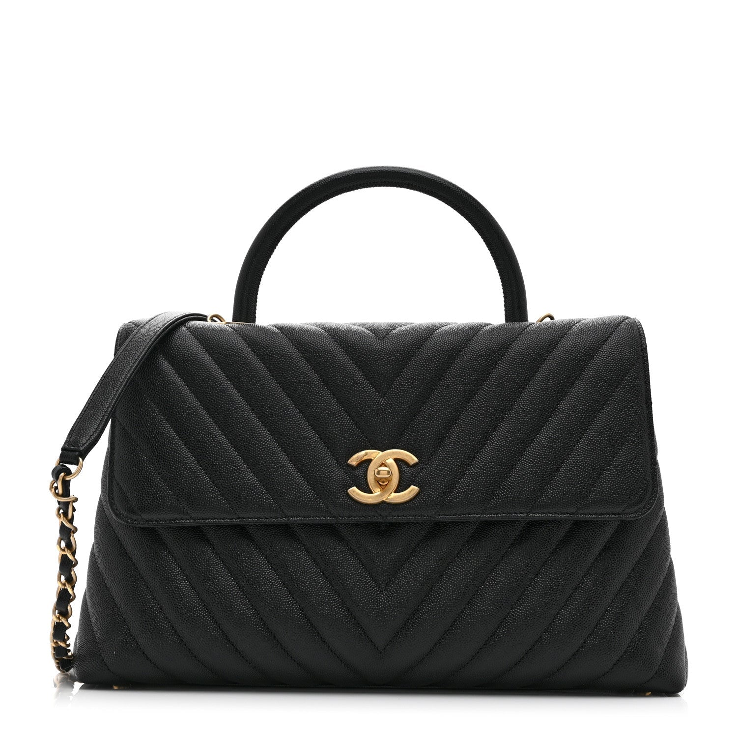 Caviar Chevron Quilted Medium Coco Handle Flap Black