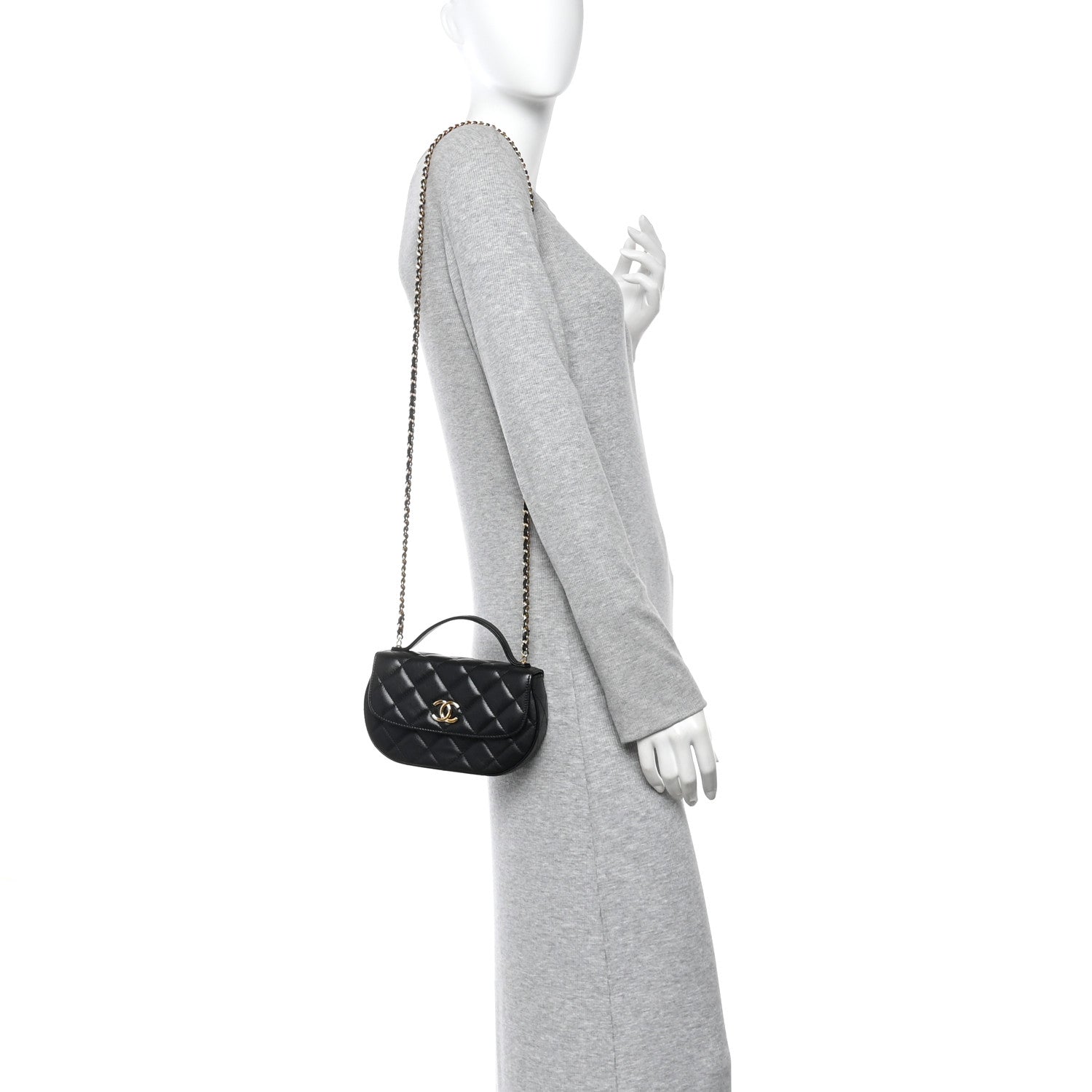 Shiny Aged Calfskin Quilted Top Handle Clutch With Chain Black