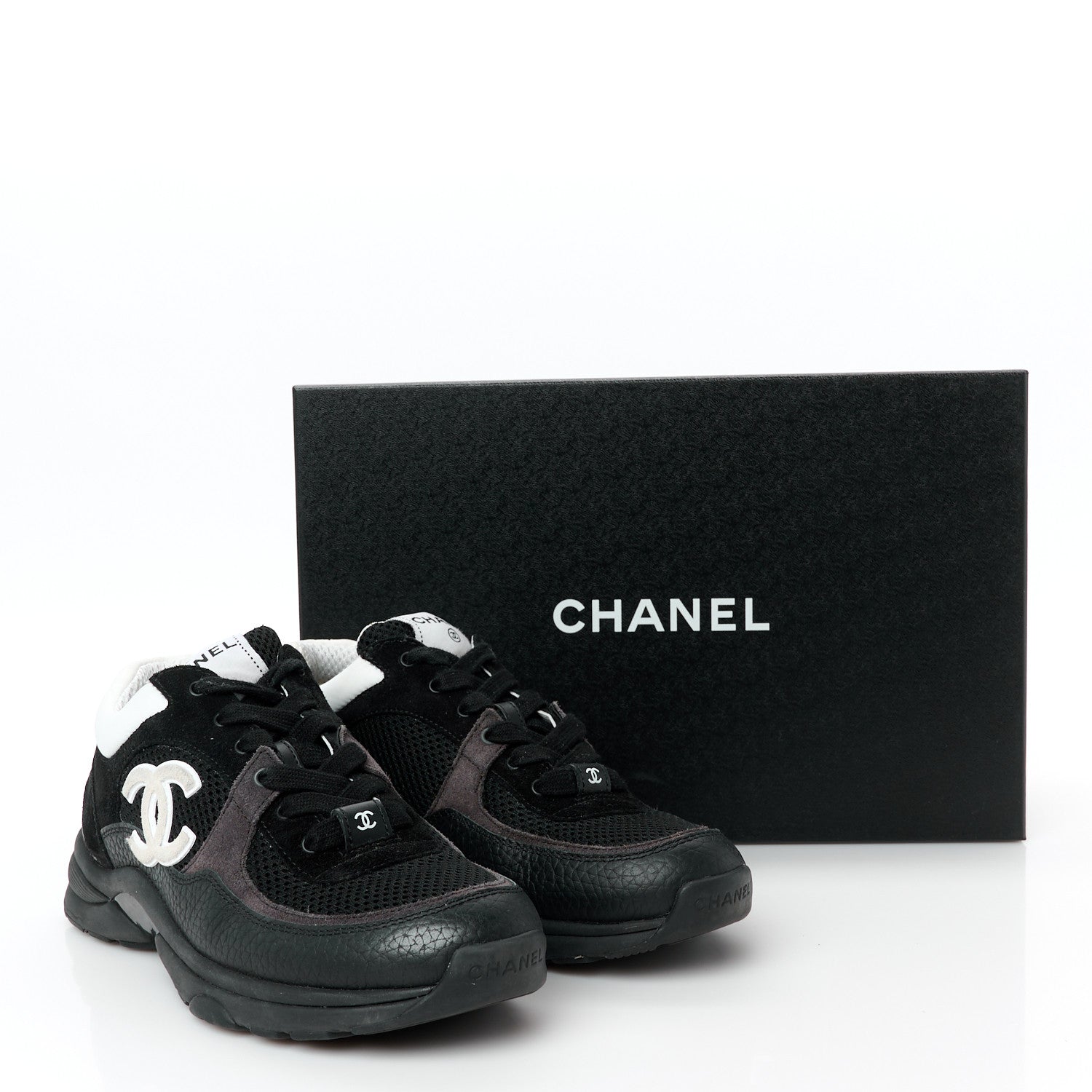 Mesh Suede Grained Calfskin Womens CC Sneakers 37.5 Black White
