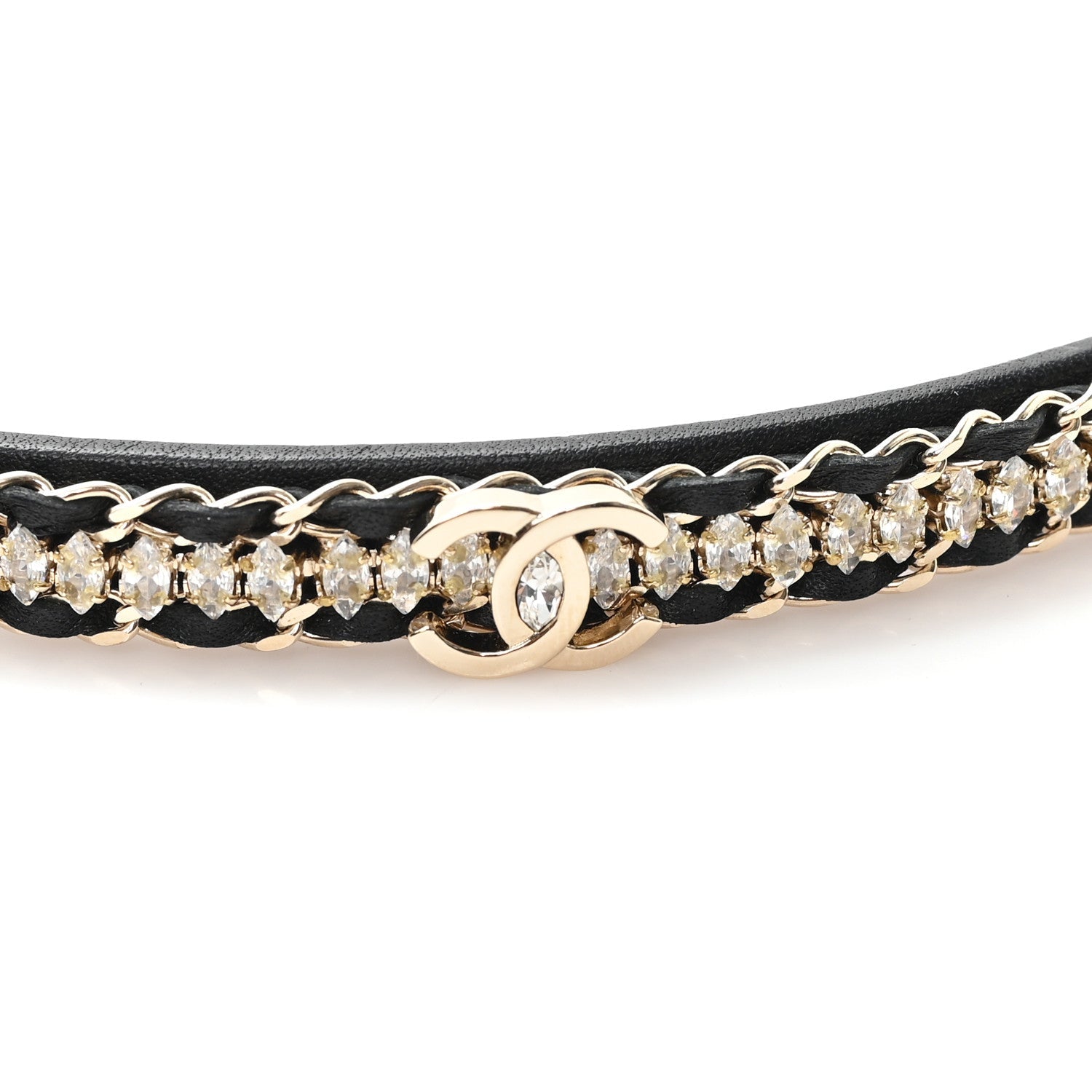 Metal Lambskin Crystal CC Chain Headband Gold Black