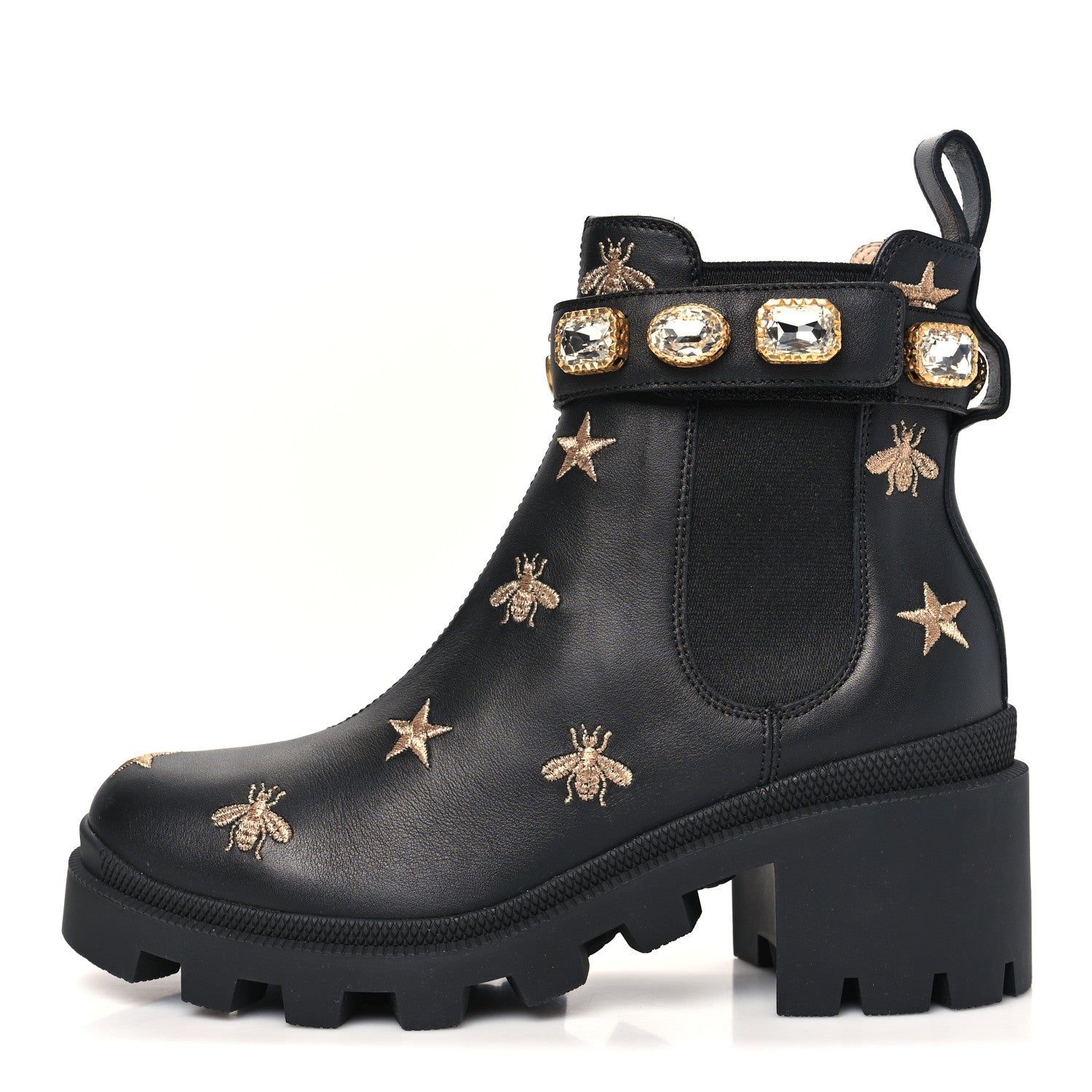 Calfskin Bee Star Embroidered Belt Ankle Boots 36.5 Black