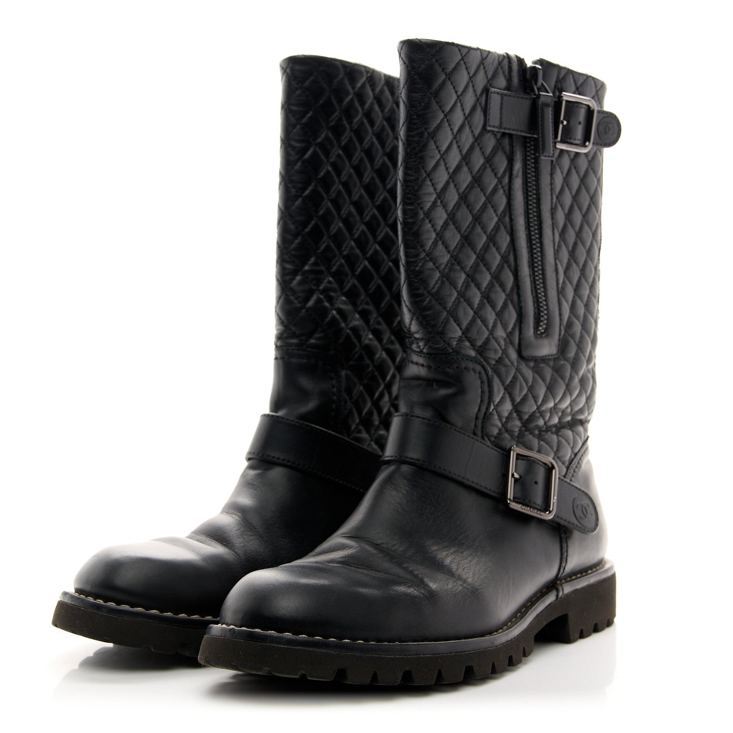 Calfskin Quilted Biker Boots 38.5 Black